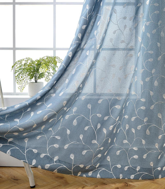 MIUCO Floral Embroidered Semi Sheer Curtains Faux Linen Grommet Window Curtain for Living Room 52 x 84 Inch 2 Panels, Dusty Blue