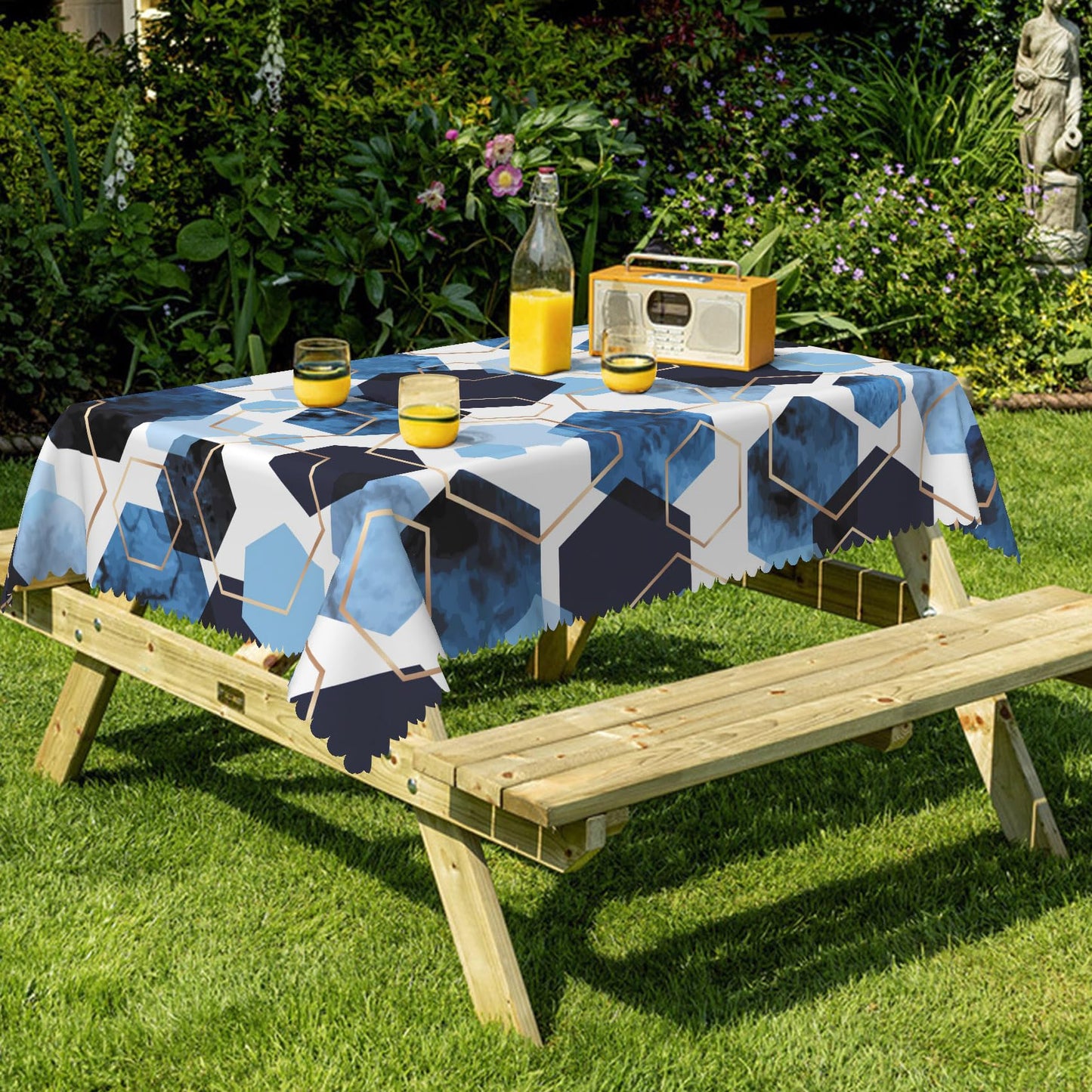 SIEDYCV Modern Blue Gold White Geometric Tablecloth, 60x102 Inch Elegant Hexagons Abstract Art Marble Texture Fabric Table Cloth,Waterproof Table Cover for Kitchen Dining Room Banquet Party Decor