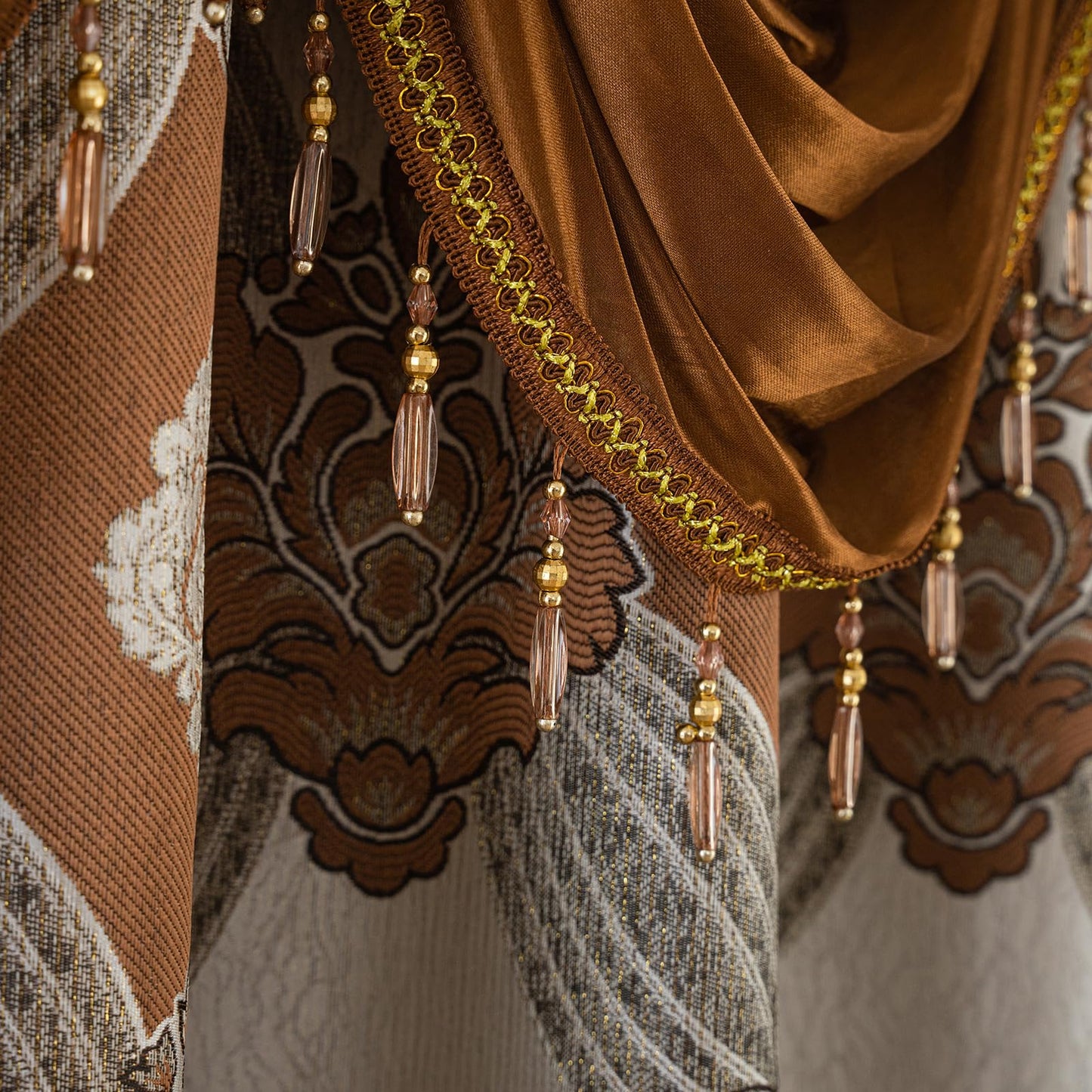 Petrichor Elegant Curtains with Gold Silver Threads 2 Panels Set - Luxury Window Treatment Attached Valance, Sheer Backing, and 2 Tie Backs for Bedroom and Living Room, 54x84 inches, Brown