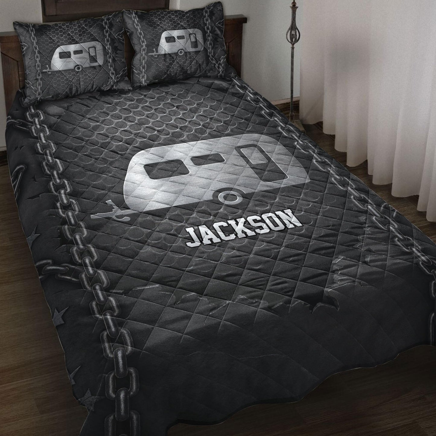 OhaPrints Custom Camping Camper Iron Chain Pattern Unique Gifts Personalized Name Quilt Blanket & Pillowcases, Bedding Set & Pillow Cover, King Queen Double Twin Throw Full Size Bedspread Bed