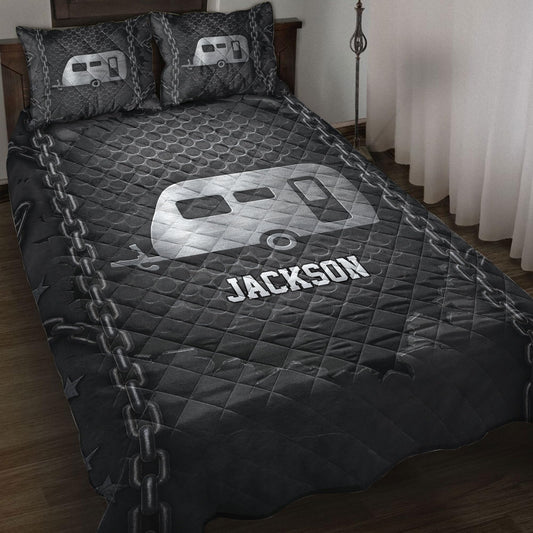 OhaPrints Custom Camping Camper Iron Chain Pattern Unique Gifts Personalized Name Quilt Blanket & Pillowcases, Bedding Set & Pillow Cover, King Queen Double Twin Throw Full Size Bedspread Bed