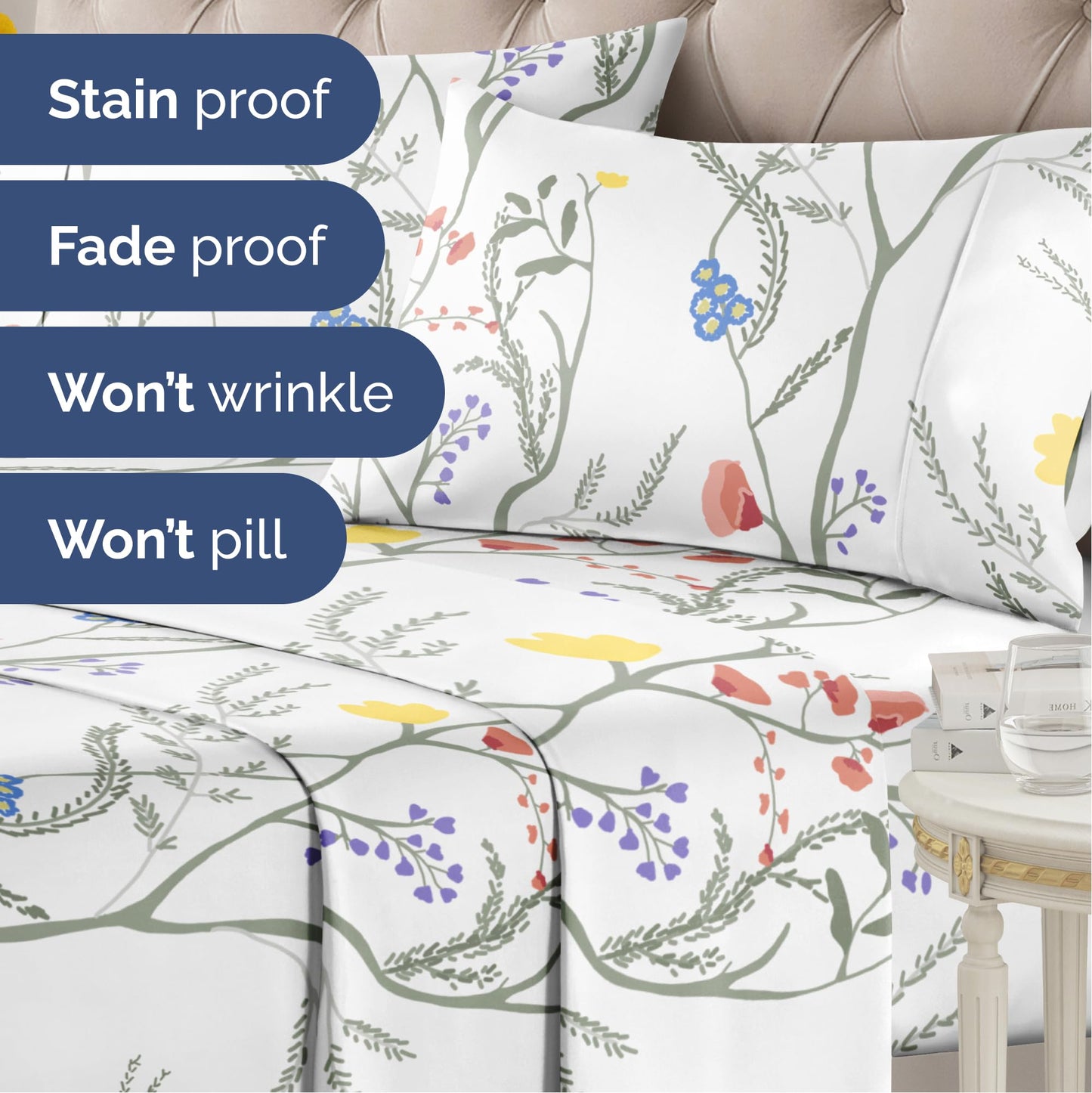 Floral Sheets - Boho Twin Bed Sheet Set - 1 Flat, 1 Fitted & 1 Pillowcase w/ Deep Pockets - Comfy, Easy-Care, Wrinkle & Fade Free Boho Botanical Bedding - Soft, Breathable & Cooling - Twin Size Set