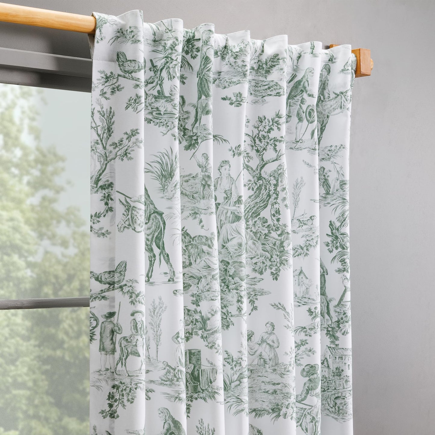 Maison d' Hermine Curtains for Living Room 100% Cotton 96 inch Length One Panel Light Filtering Toile Curtains with Rod and Loop Pockets (The Miller Antique Green (White Background), 50" W x 96" L)