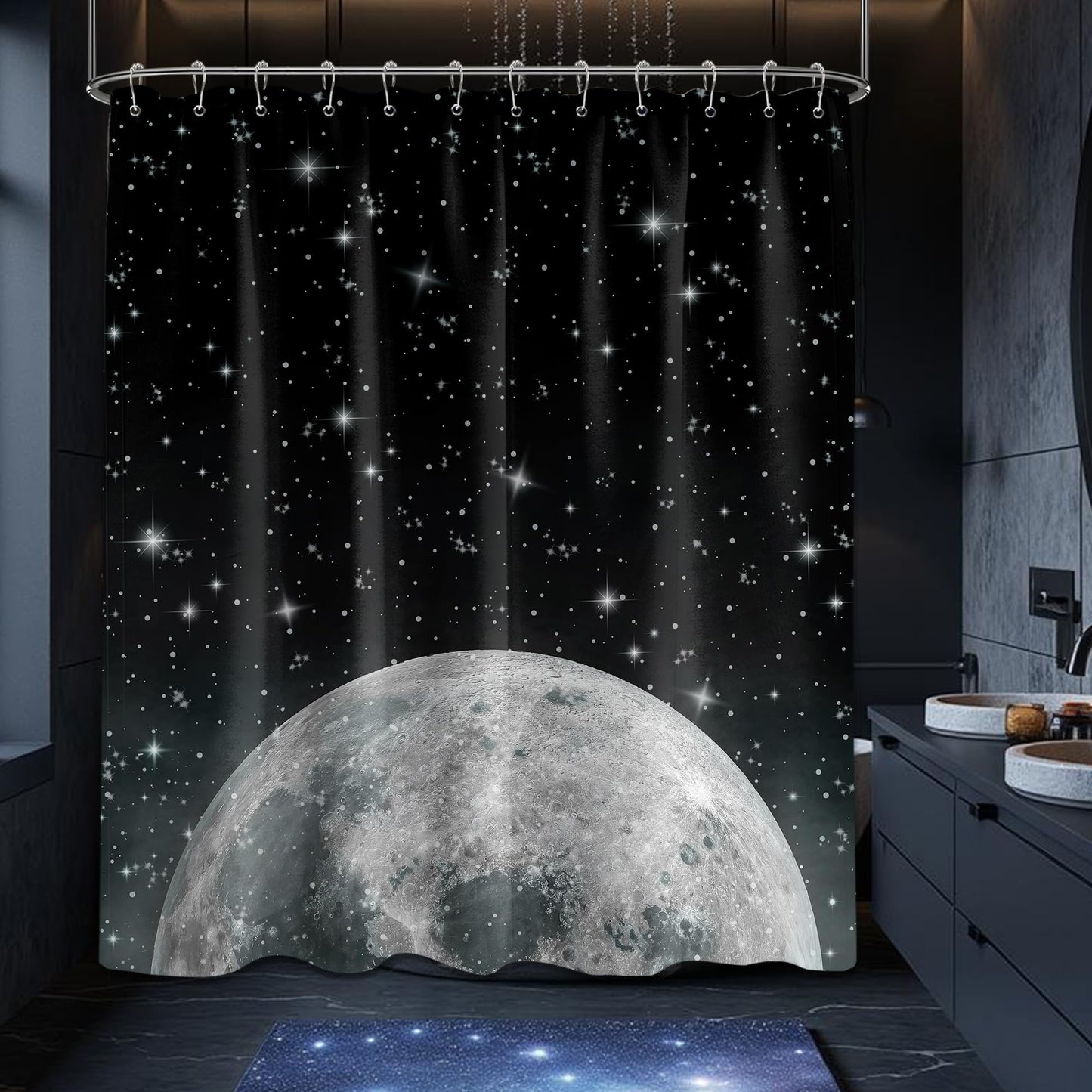 Tonmue Star Moon Shower Curtain Space Night Sky Galaxy Black and White Shower Curtains for Bathroom Decor, Waterproof Cloth Fabric with Hooks 70" W x 72" L