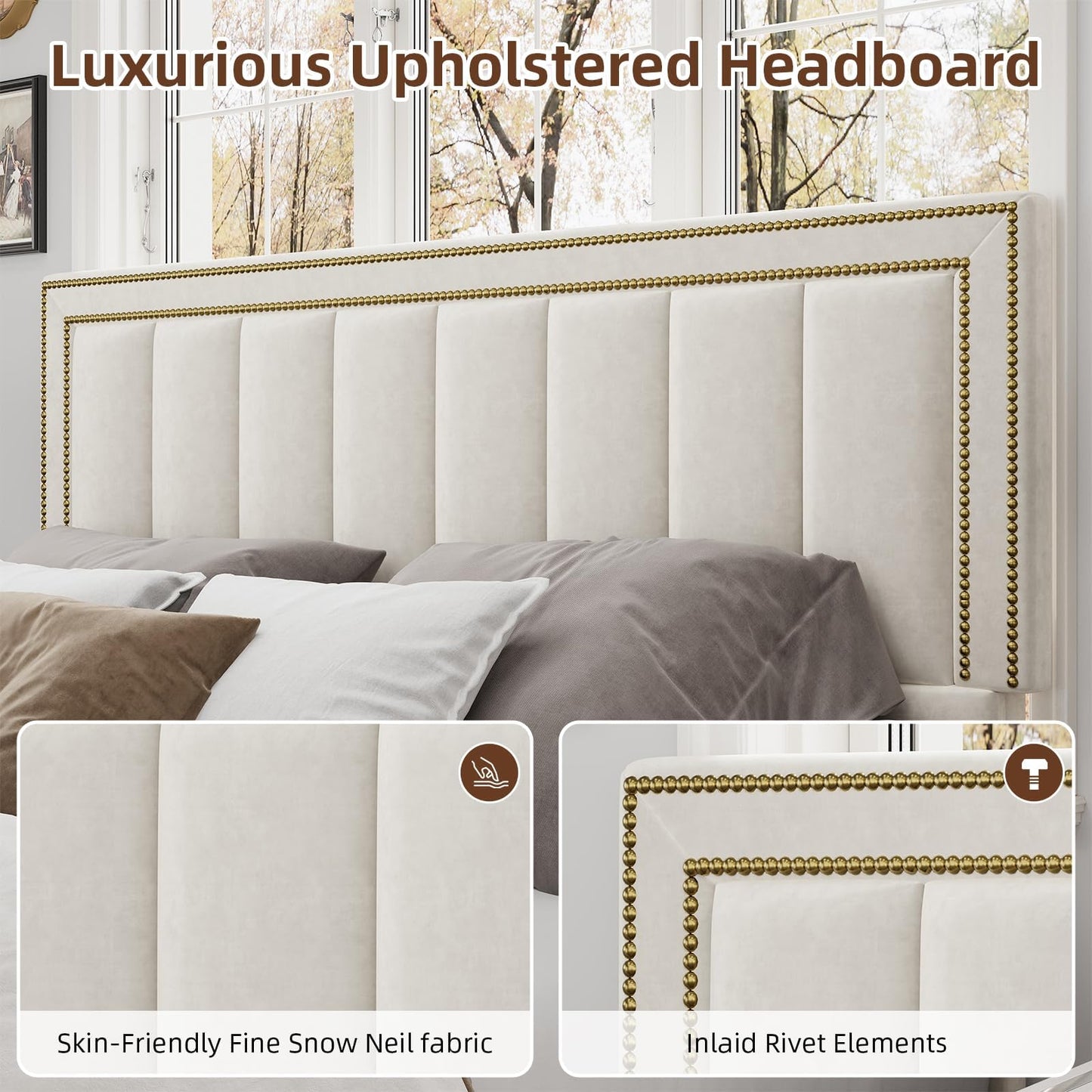 BarnFurin Queen Bed Frame with 50" Tall Headboard and Footboard, Chenille Upholstered Platform Bed, Vertical Channel Tufting with Nailhead Trim, No Box Spring Needed, Easy Assembly, Beige