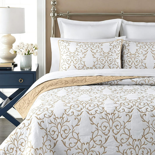 mixinni King Size Quilt Set 3-Piece, Cotton Blend Reversible Bedspread, Elegant Beige Embroidery Pattern Coverlet with 2 Decorative Pillow Shams, Soft All Season Bedding Set-King Size