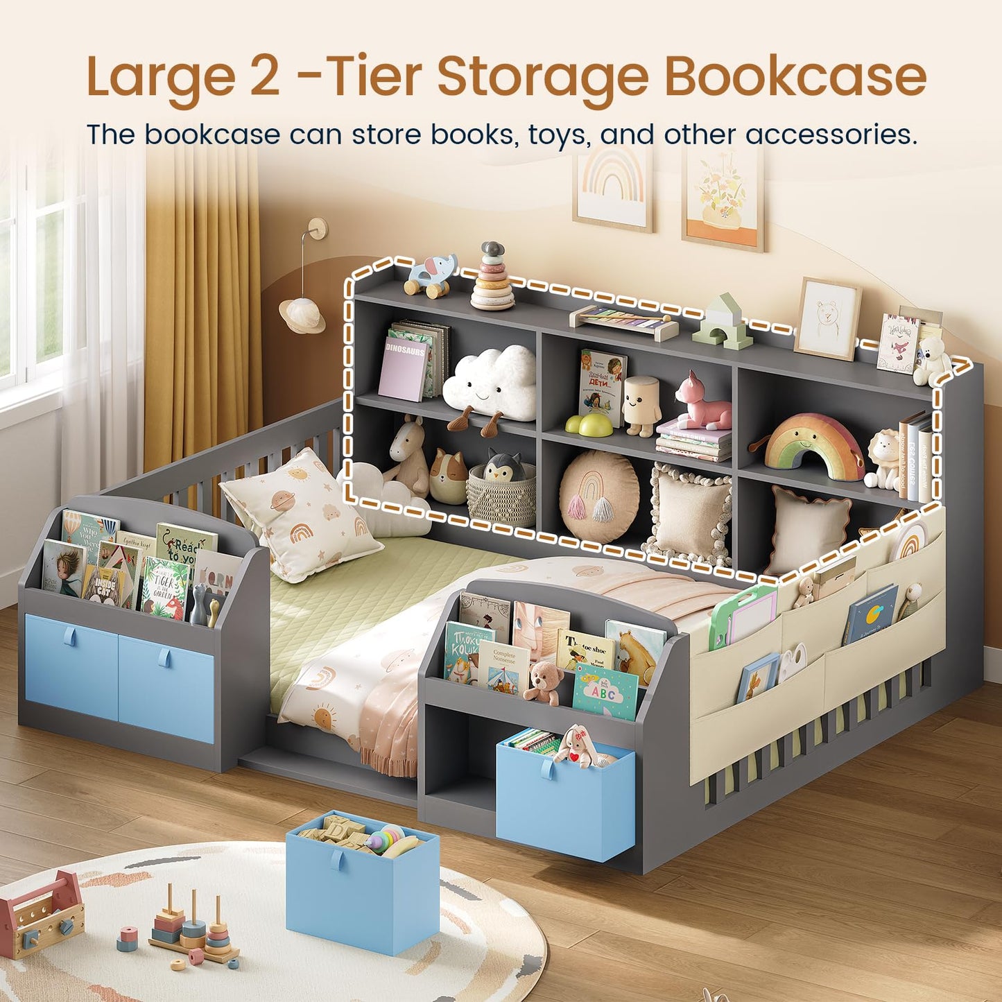 AOGLLATI Full Size Floor Wooden Montessori Bed Frame for Kids Boys Girls with 4 Fabric Drawers, Both Sides Bookshelves, 2-Tier Side Shelf, Side Pockets and Rails, Without Slats, Grey