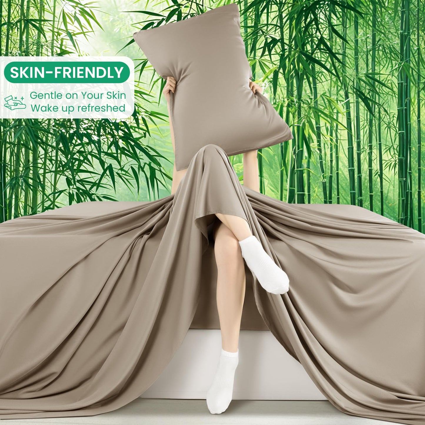 SONORO KATE 100% Viscose Derived from Bamboo_Sheets Queen Size, Ultra Breathable & Cooling Bed Sheets for Hot Sleepers, Hotel Luxury Silky Bedding Sheets, 16" Deep Pocket - 4PC (Simply Taupe,Queen)