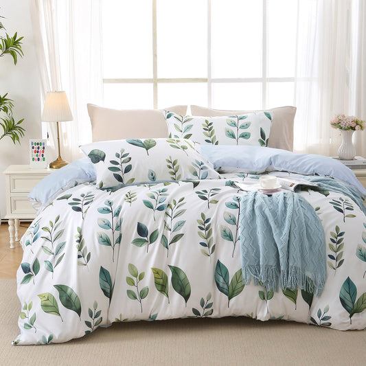 Duvet Cover King Size, Reversible Floral Vintage Duvet Cover Set with Zipper Closure, 3 Pieces Botanical Patterns Soft Microfiber Bedding Set (90"x104", 2 Pillow Cases 20"×36", Green Foliage White)