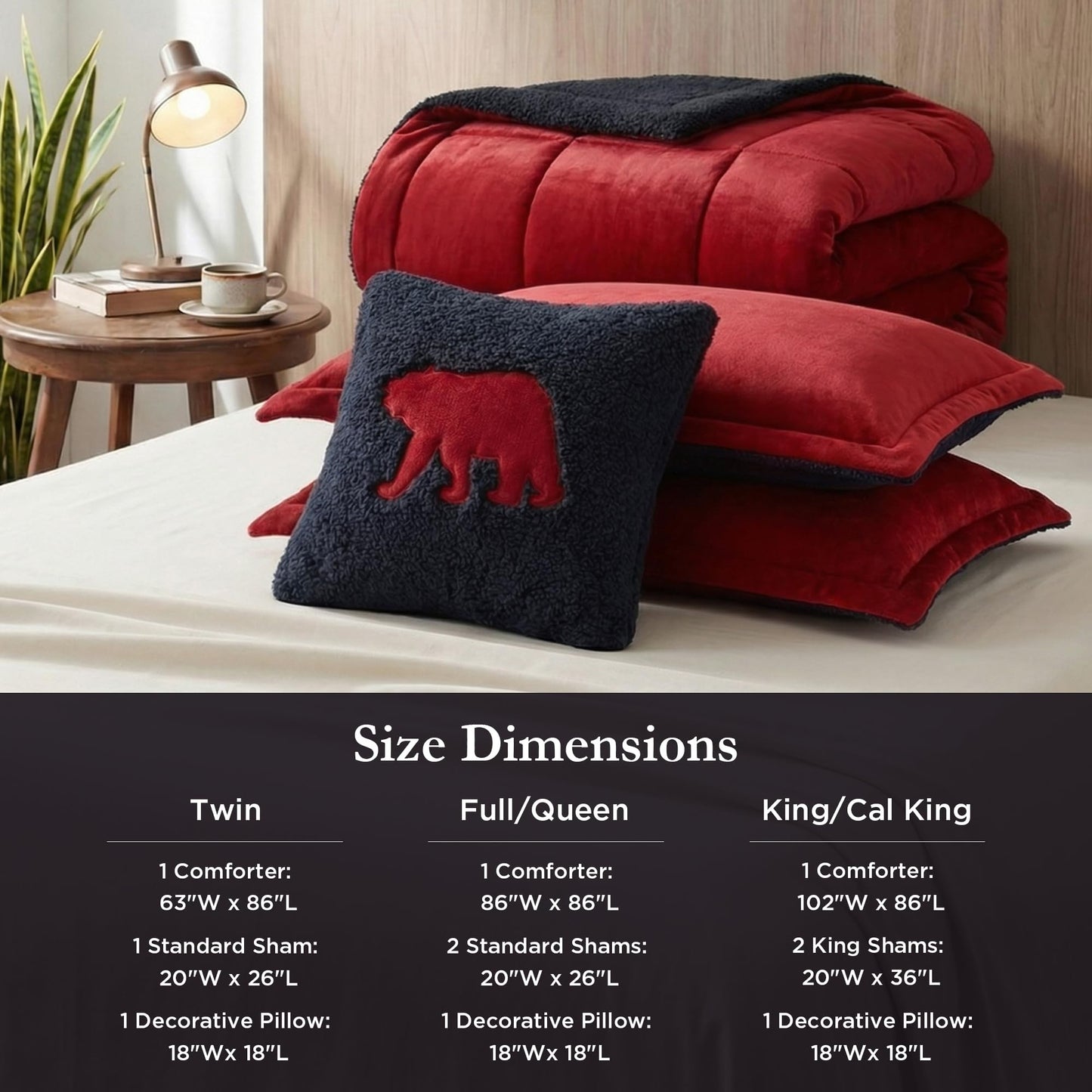 Woolrich Reversible Comforter Set Ultra Soft Plush to Sherpa, Down Alternative, Cold Weather Winter Warm Bedding, with Matching Sham, Decorative Pillow Red/Black Full/Queen 4 Piece