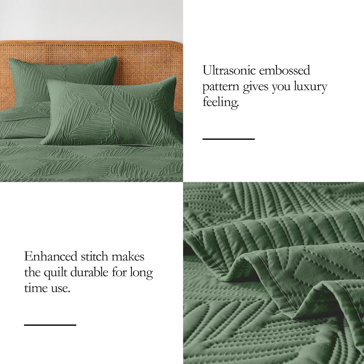 OARAGE Queen Quilt Bedding Set Soft Lightweight Olive Green Bedspread with Leaf Pattern,Ultrasonic Microfiber Bed Coverlet Full Size for All Season (1 Quilt, 2 Shams)