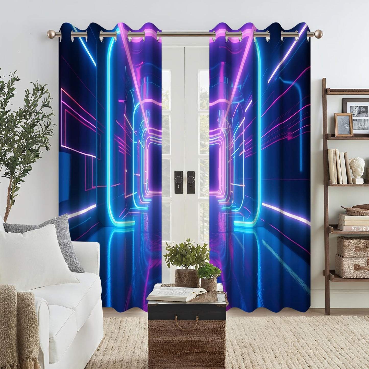 Kzzfqxb Gaming Blackout Curtains for Boys Bedroom, Science Fiction Time Tunnel Neon Light Curtains, Light Blocking Drapes for Living Room Decor with Grommets,2 Panels,Each W42 xL63