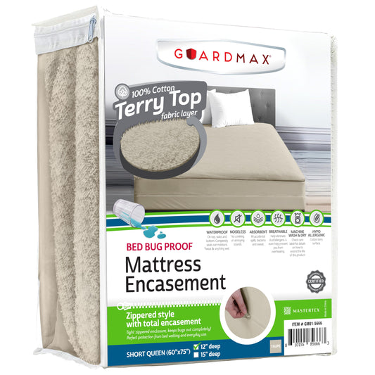 Guardmax Short Queen Mattress Encasement Zippered,100% Waterproof Mattress Protector,Soft & Absorbent Cotton Terry Top Mattress Cover for Kids,Adults, & Pets, Bed Bug & Dust Mite Proof Cover (Taupe)