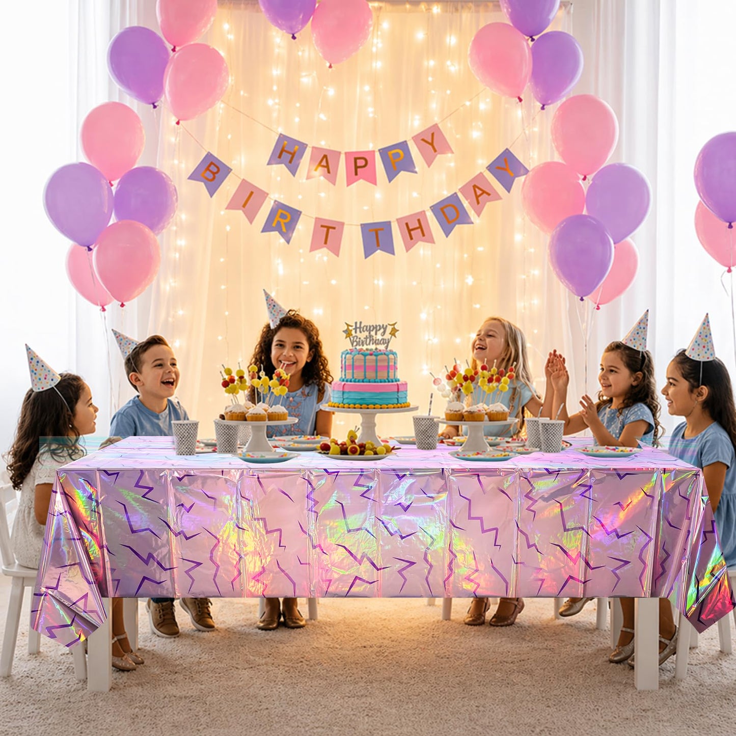 Hallswl 3 Pcs Iridescent Pink and Purple Lightning Tablecloths, Disposable Kpop Table Cloth, Plastic Rectangle Table Covers for Birthday, Bachelorette, Iridescent Party Decorations, 54 x 108 Inch