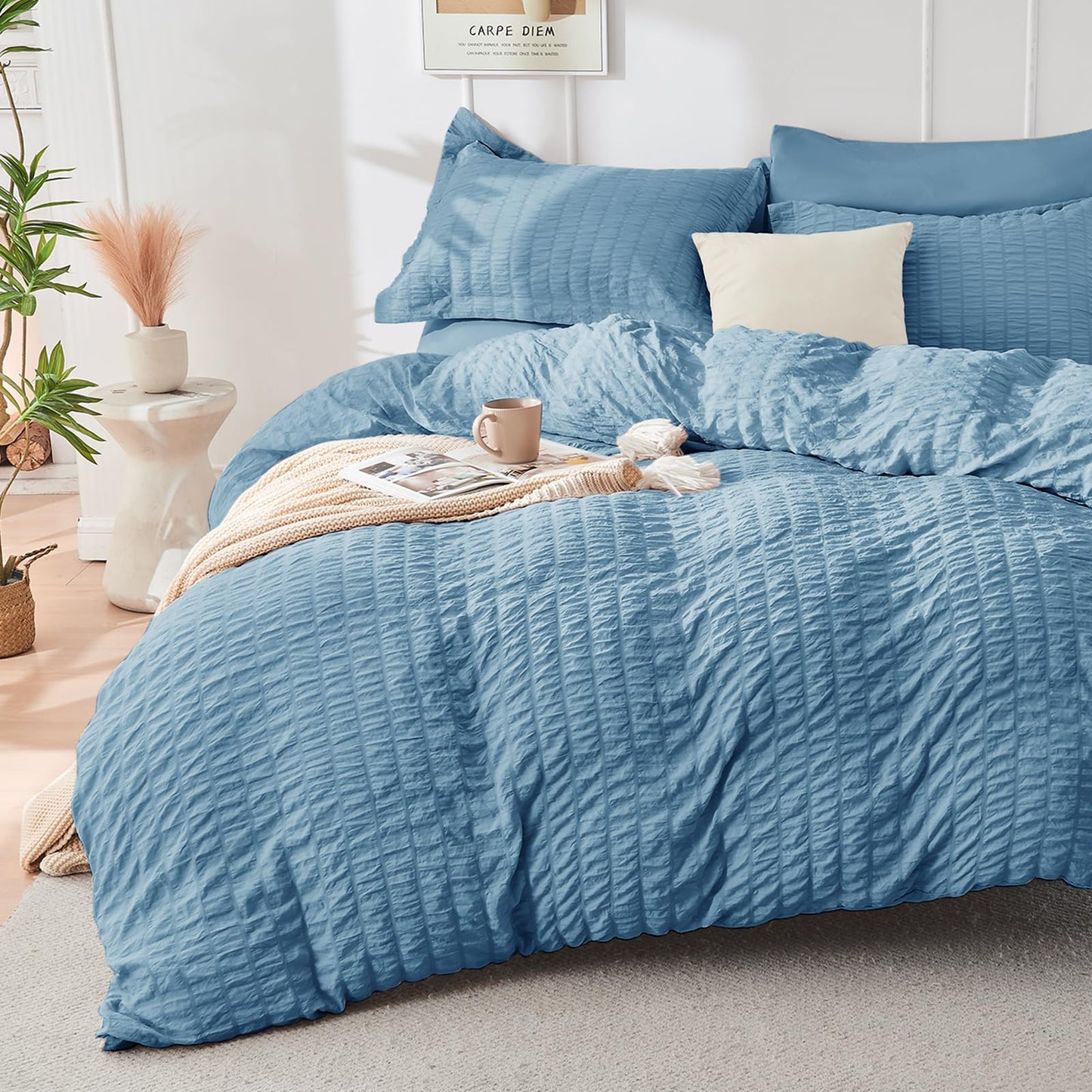HYMOKEGE Mineral Blue Twin Comforter Set Seersucker 5 Pieces, All Season Luxury Bed in a Bag for Bedroom, Bedding Set with Comforter, Sheets, Pillowcase & Sham