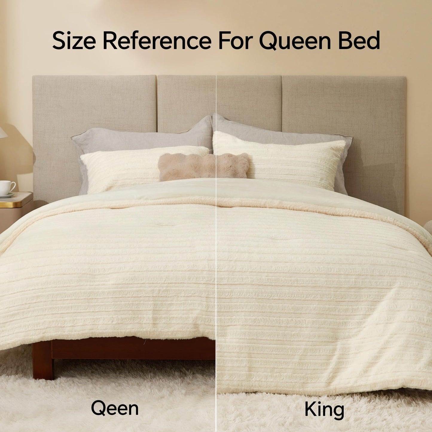 BEDELITE Fleece Queen Comforter Set -Super Soft & Warm Fluffy Cream White Faux Fur Bedding, Luxury Fuzzy Heavy Bed Set for Winter with 2 Pillow Cases