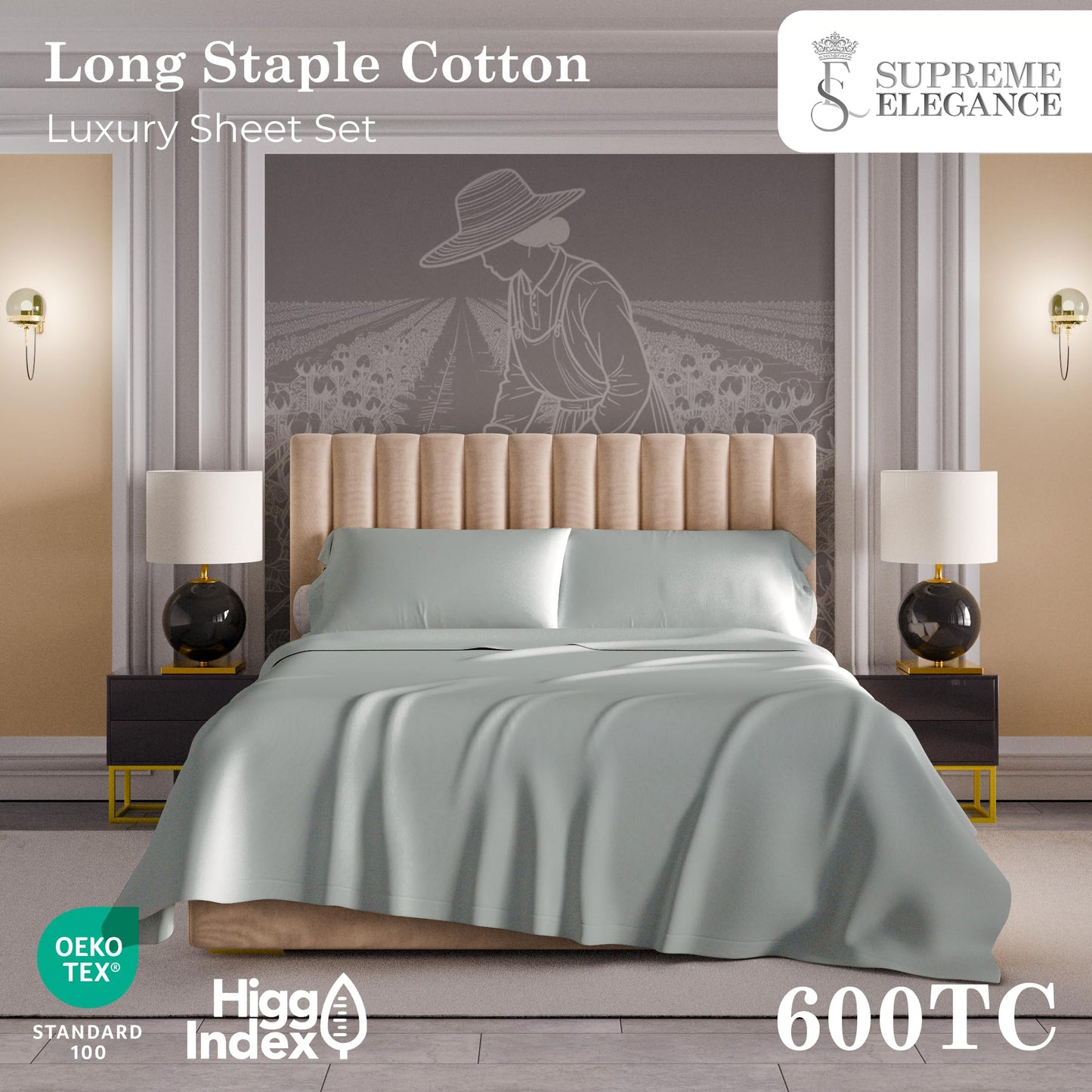 600 Thread Count King Size Bed Sheets Set Light Gray, Soft & Silky 100% Cotton Sateen Sheets, 4pc Wrinkle-Resistant King Sheets Set (1 Flat, 1 Fitted Sheet & 2 Pillowcases) with Deep Pocket
