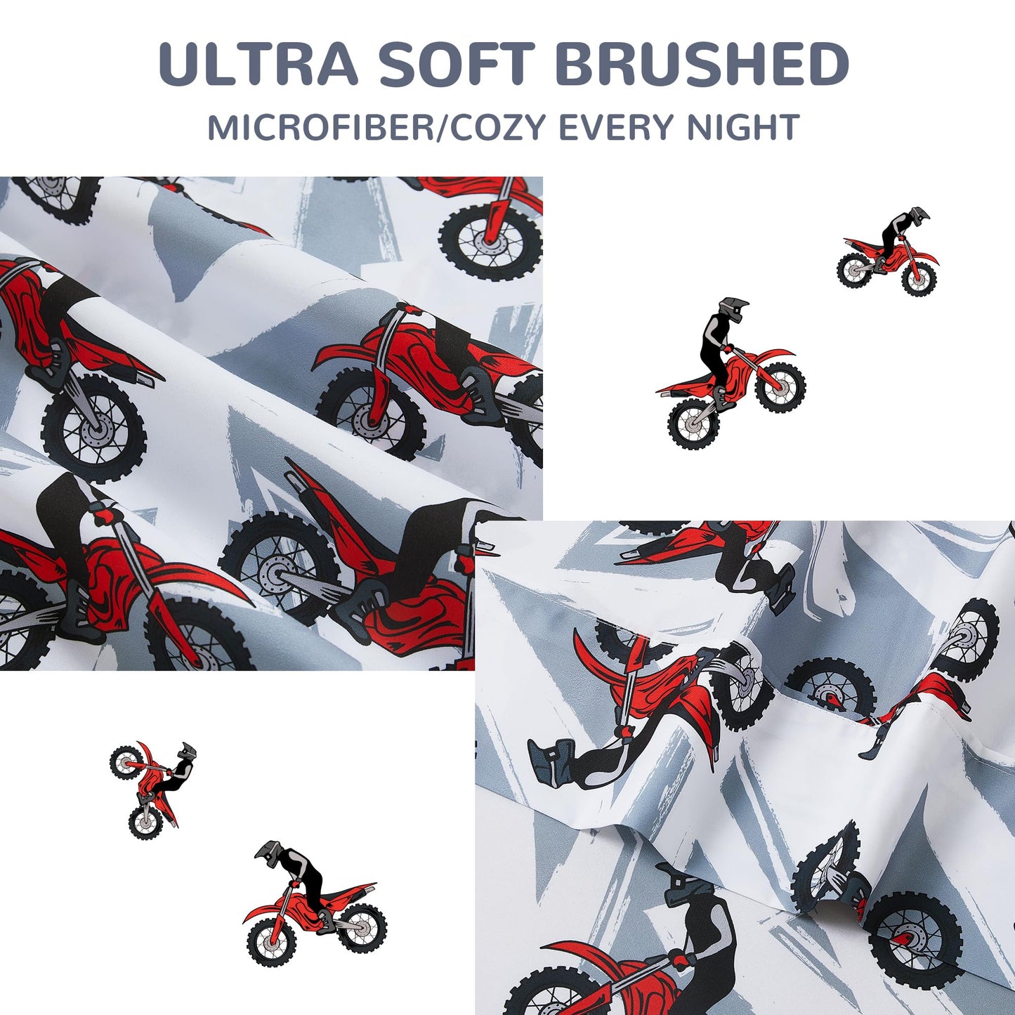 Viviland 3 Pieces Boys Grey Twin Sheet Set - Soft Microfiber Fitted Flat Sheets & Pillowcase - Red Motorcycle Print Bedding Sets - for Kids & Toddlers