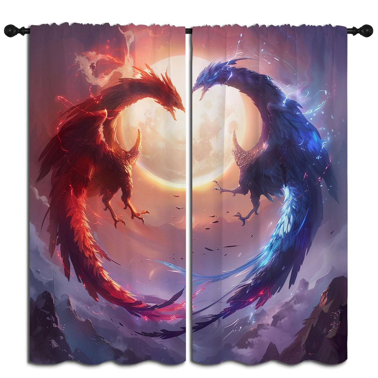 PYMATYTN Red Blue Dragon Blackout Curtains for Boys Girl Bedroom Decor,Fantasy Creature Abstract Art Thermal Insulated Rod Pocket Drapes Darkening Window Curtain for Living Room Home 55x63 inch