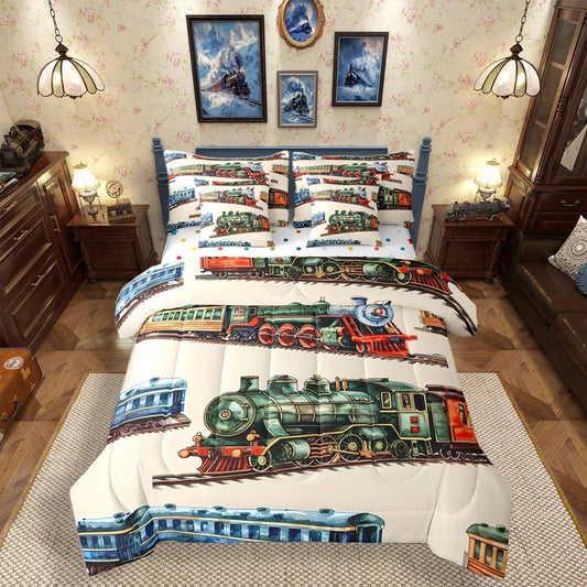 Erosebridal Boys Train Twin 7 Pieces Bedding Set for Home, Vintage Steam Train Bed in A Bag, Steam Engine Comforter Set with Sheets, Transportation Vehicle Bed Sets for Kids Teen Men Bedroom