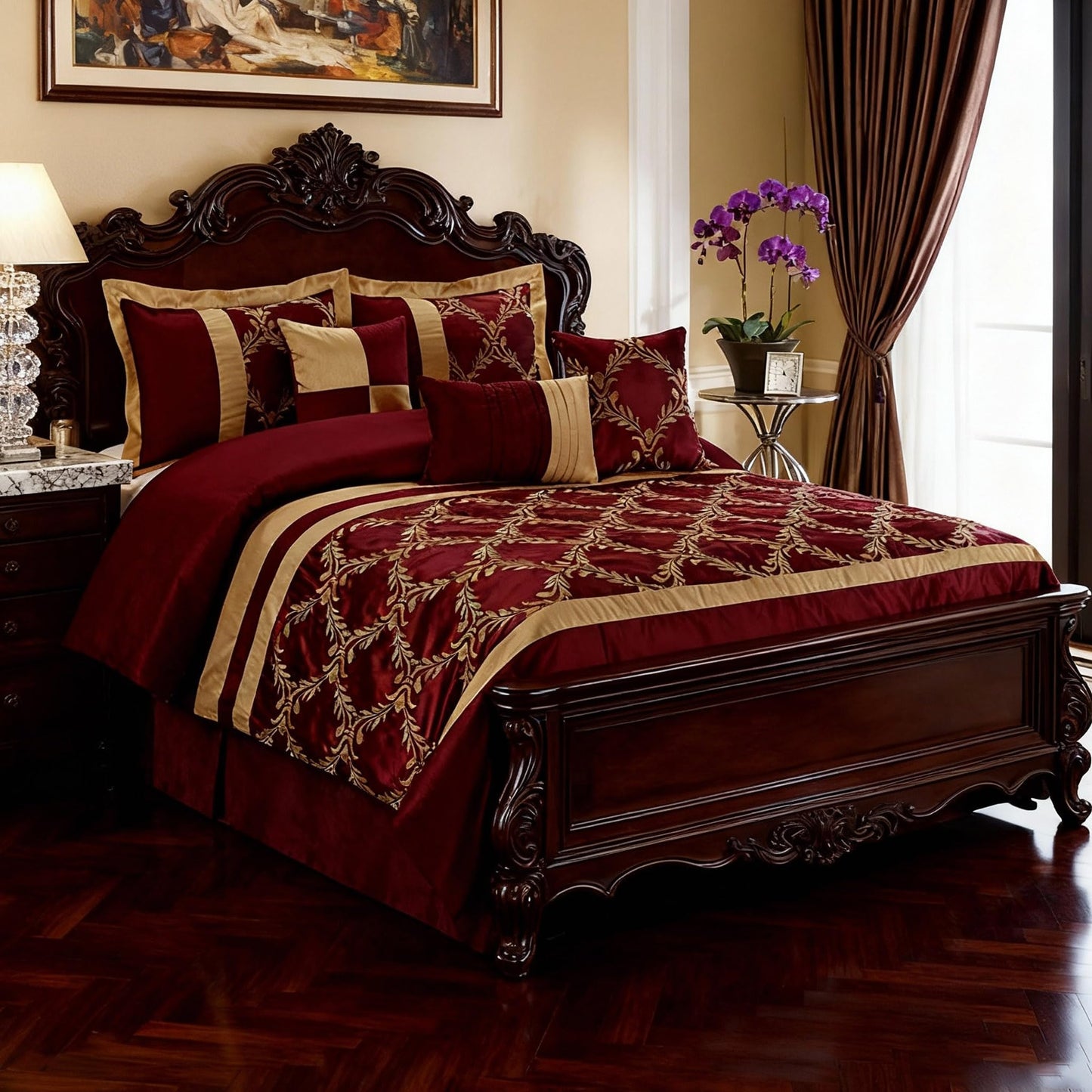 HIG 7 Piece Bed in A Bag Comforter Set King - Burgundy and Gold Faux Silk Fabric Embroidered - Breathable and Wrinkle Resistant - 1 Comforter, 2 Shams, 3 Decorative Pillows, 1 Bedskirt