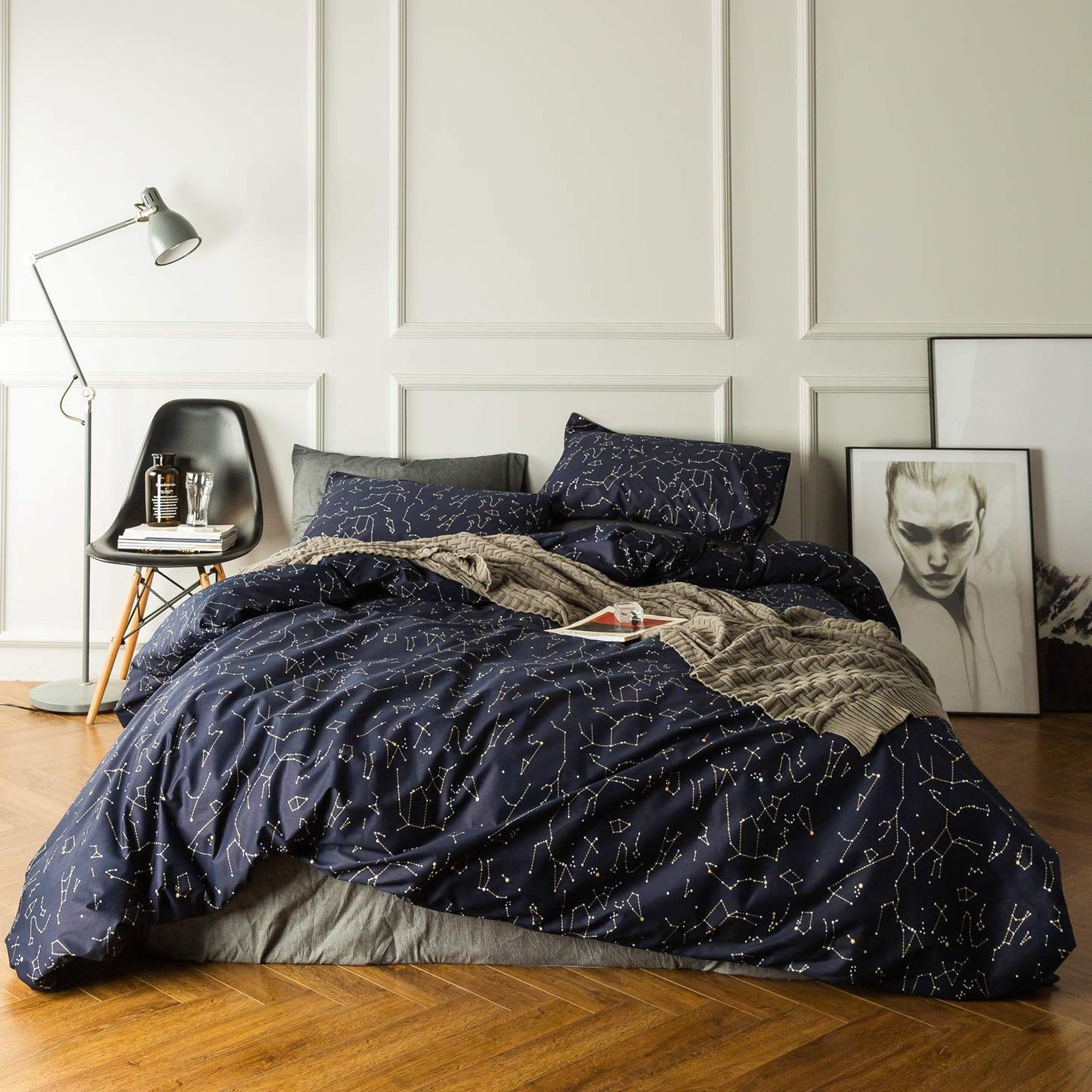 SUSYBAO Constellation Patterned Duvet Cover Queen 100% Cotton Navy Duvet Cover Set 3 Pieces 1 Navy Blue Galaxy Space Duvet Cover with Zipper Ties 2 Pillow Cases Luxury Soft Constellation Bedding Set