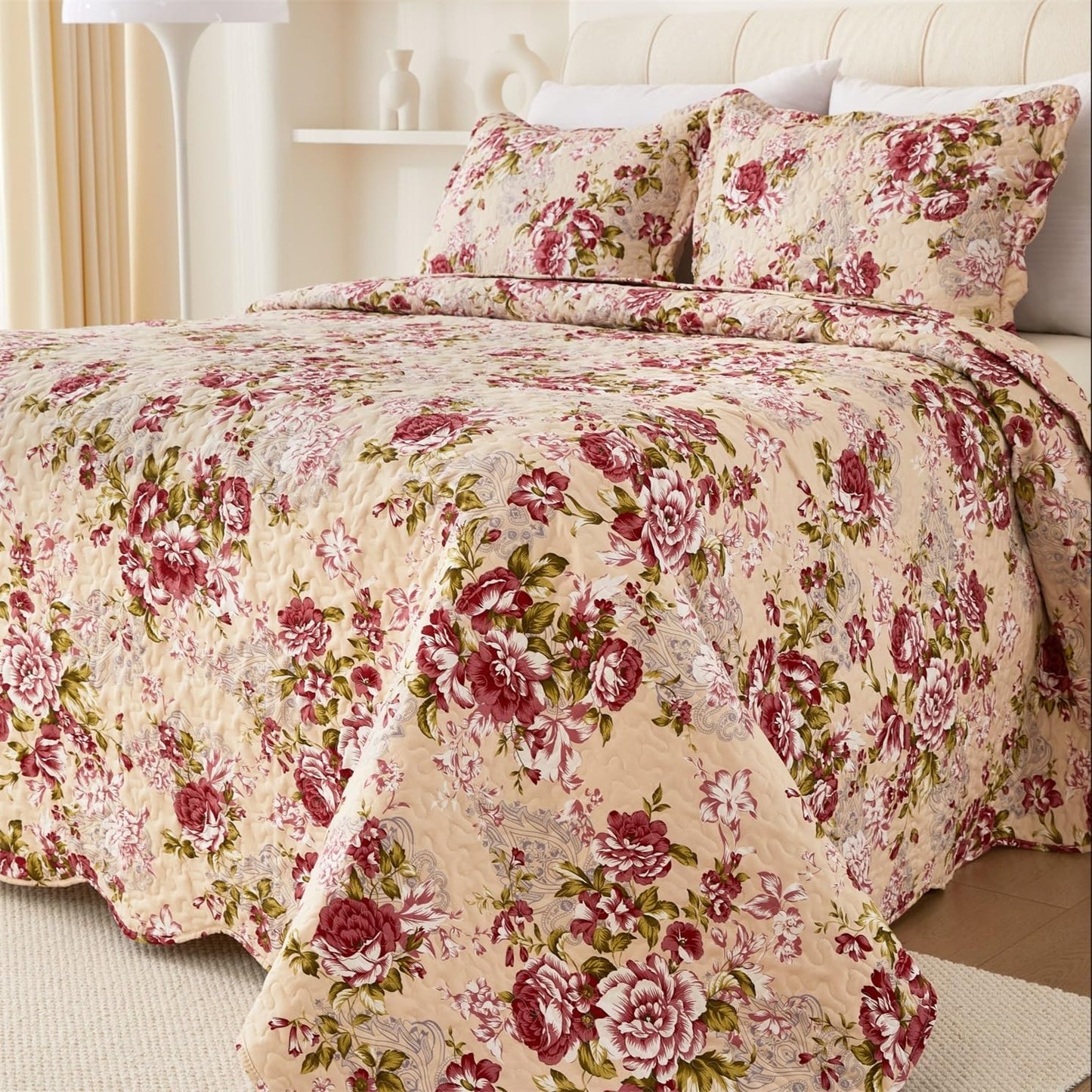 Cmfshape Summer Floral King Quilted Bedspread,Romantic Red Quilt Set,Reversible Stitched Bedding Cover All Season,Soft Lightweight Coverlet with Pillow Cases (Red Rose, King(102"x90"))