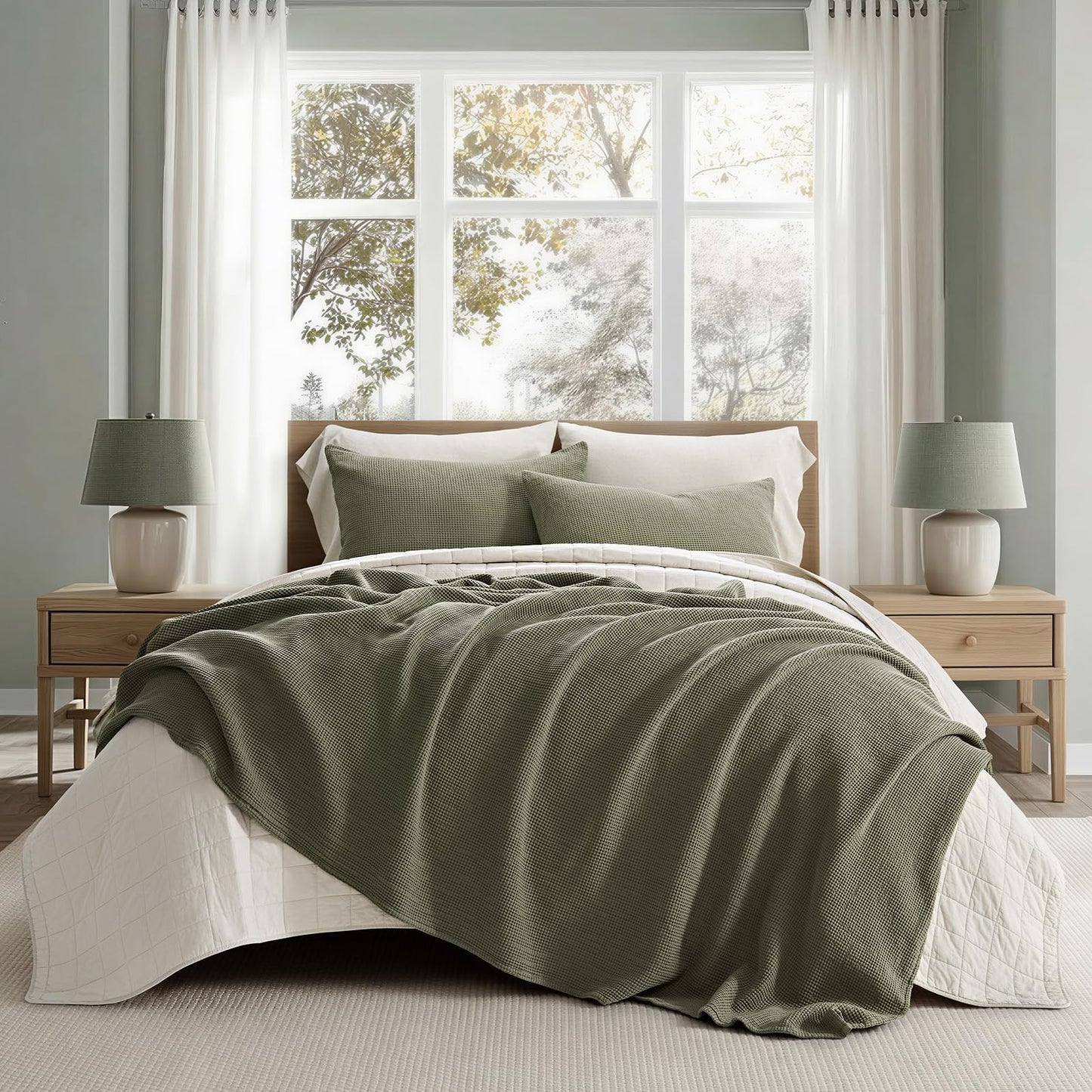 EverGrace 100% Cotton Waffle Bed Blanket Queen Size, Soft Premium Cotton Coverlet Set with 2 Matching Shams, Lightweight All Season Bedding Set, Oversized Bedspread 92x96, Olive Green