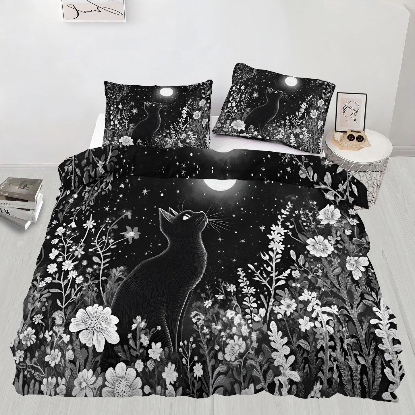 GKPLY Black Cat Moon Bedding Comforters, Monochrome Floral Duvet Cover, Starry Night Artwork Comforter Set Reversible Print, Magical Pets Bedding Duvet Cover & 2 Pillowcases, California King