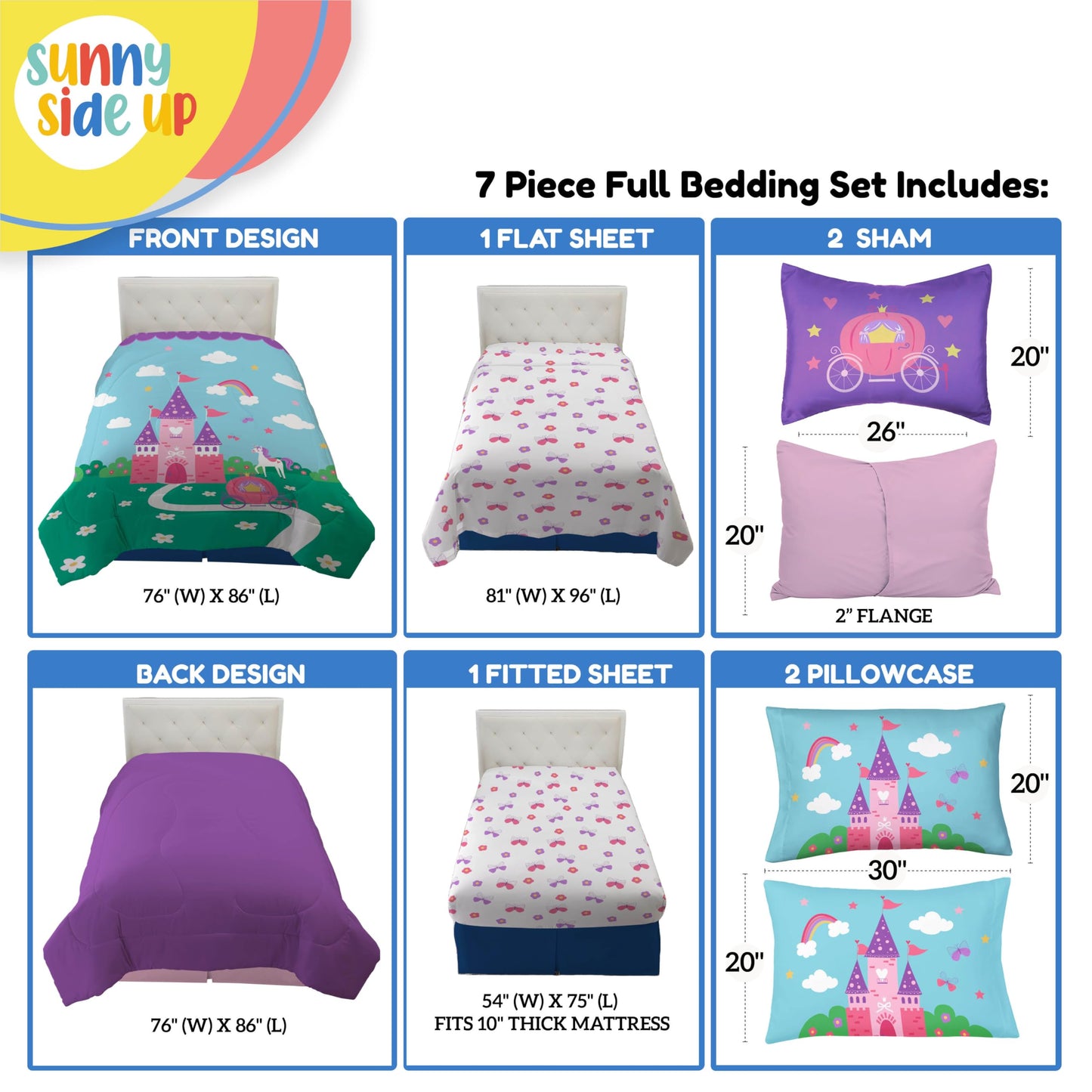 Sunny Side Up Magic Castle Full Comforter Set - 7 Piece Kids Bedding Includes Comforter, Sheets & Pillow Cover - Super Soft Floral Microfiber Bed Set