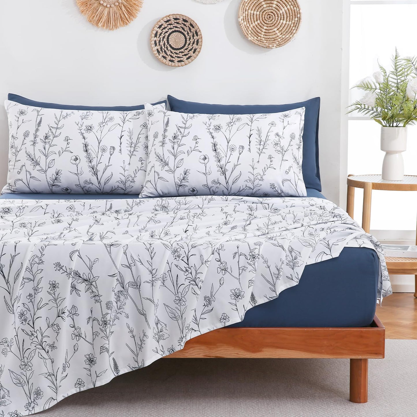 Swiftify Botanical King Size Sheets Set 6-Piece, Boho Floral Brushed Microfiber Sheets, Cooling Bed Sheet Set, Soft & Breathable, 16' Deep Pocket Fitted Sheet & Pillowcase Set, Sketch Meadow