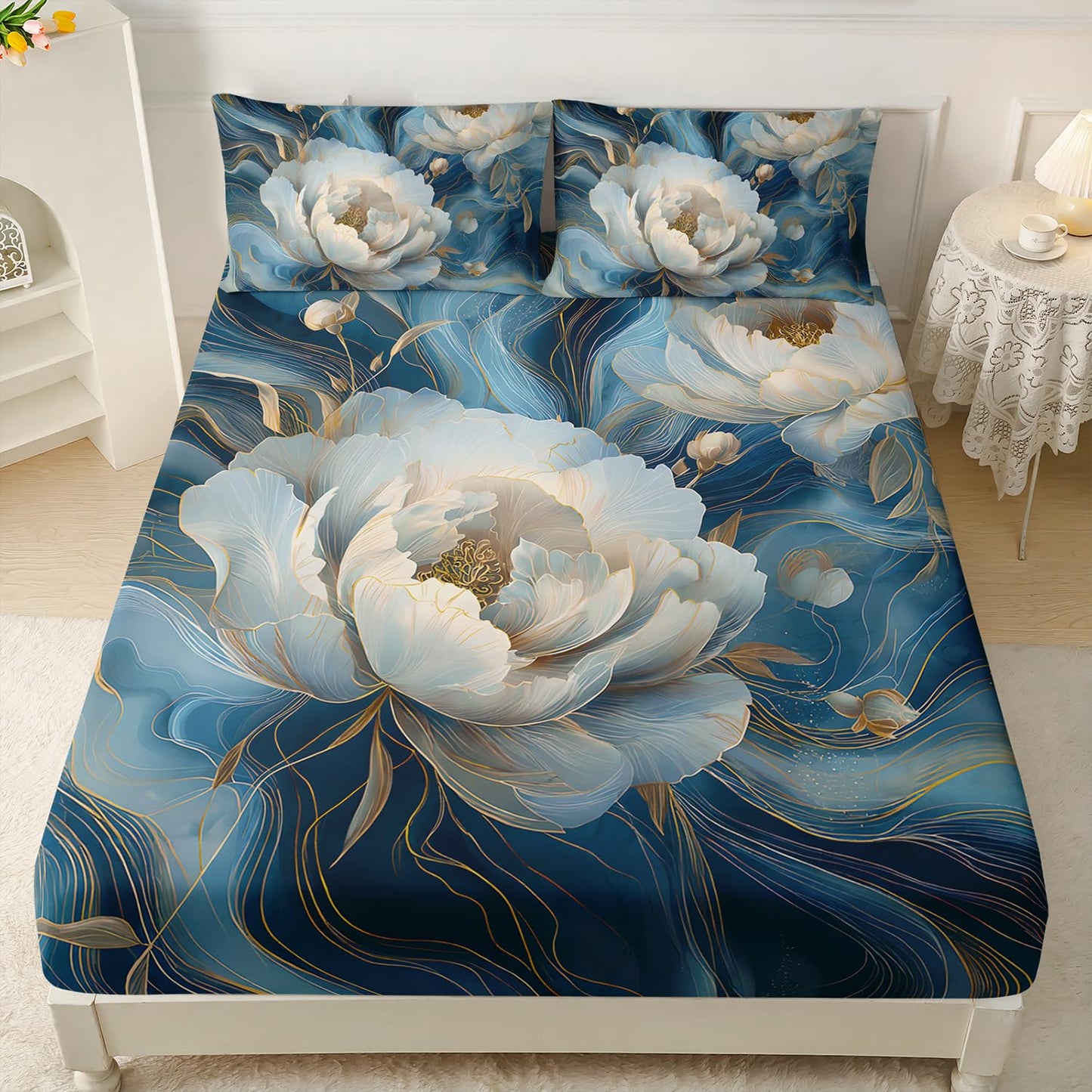 HOSIMA Floral Twin Bedding Sets for Women Girls Room Decor,Blue Golden Marble Grain Ink Fluid Art Fitted Sheet,White Flowers Pattern Lightweight Floral Bedding,1 Fitted Sheet+2 Pillowcases.