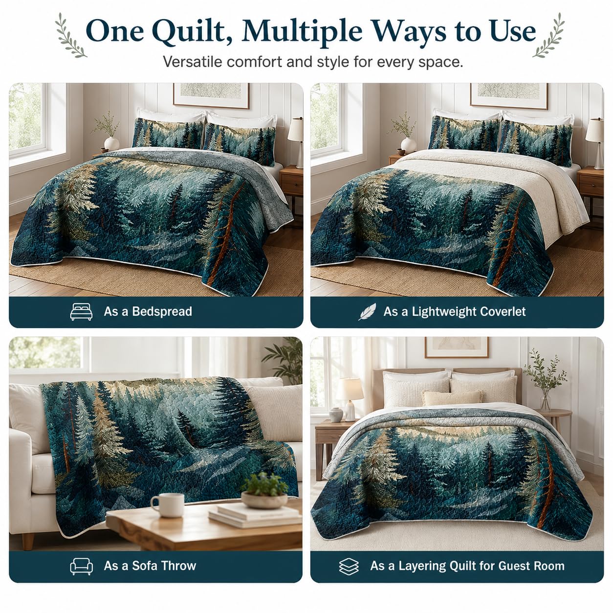 AILONEN King Bedspread Coverlet,Mountain Forest Pine Tree Textured Landscape Blue Green Bedding Quilt,2 Pillowcases,Lightweight Microfiber