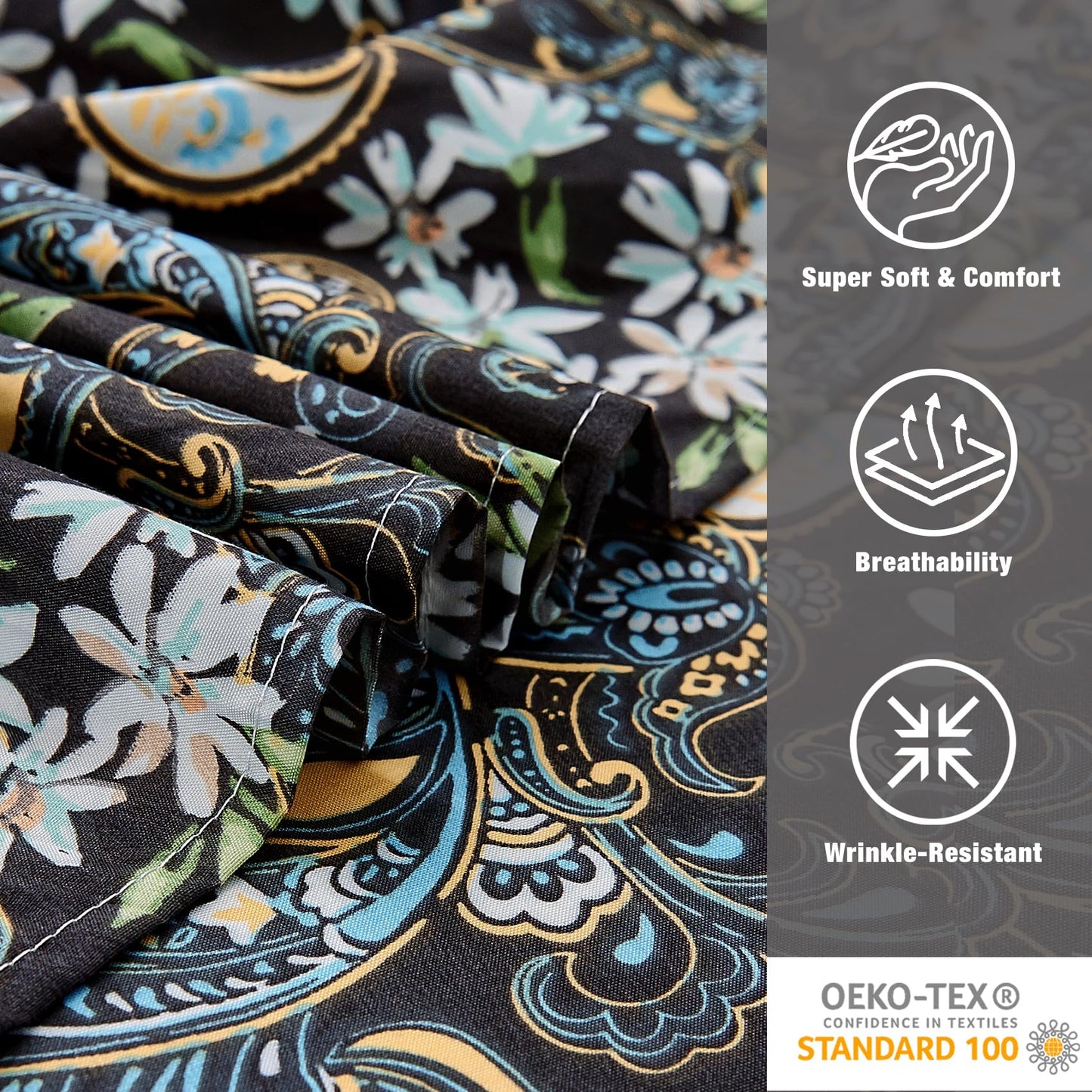 JSD Black Paisley Floral Printed Sheet Set King Size 6 Piece, Soft Pattern Microfiber Bed Sheets Extra Deep Pocket