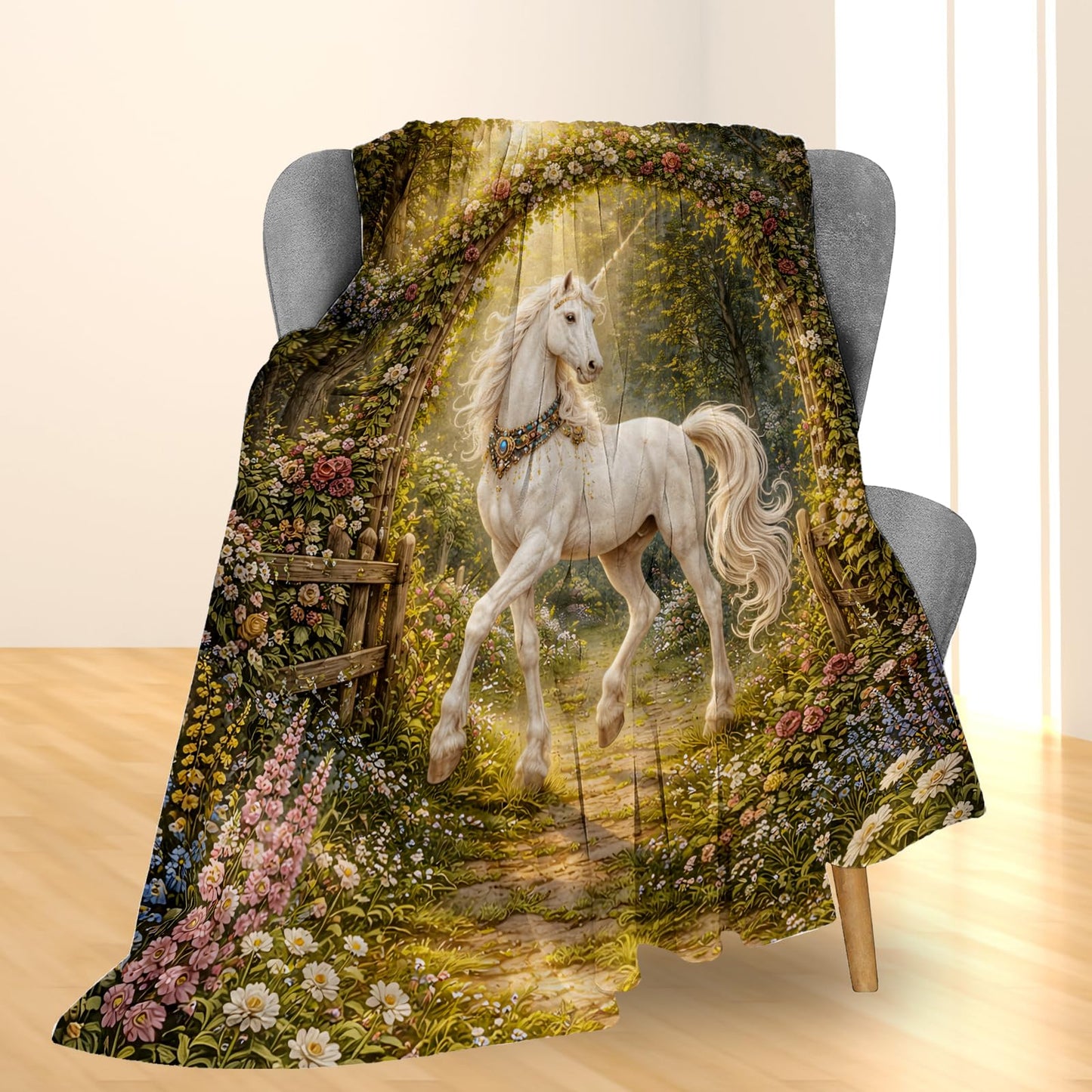 Ti Caldi Fantasy Unicorn Blanket Gifts, Floral Garden Arch Flannel Throw Blanket for Couch, Bed, Travel & Decor, Magical Fairy Tale Cozy Lightweight Warm Blankets for Girls Women Kids 60×50 in