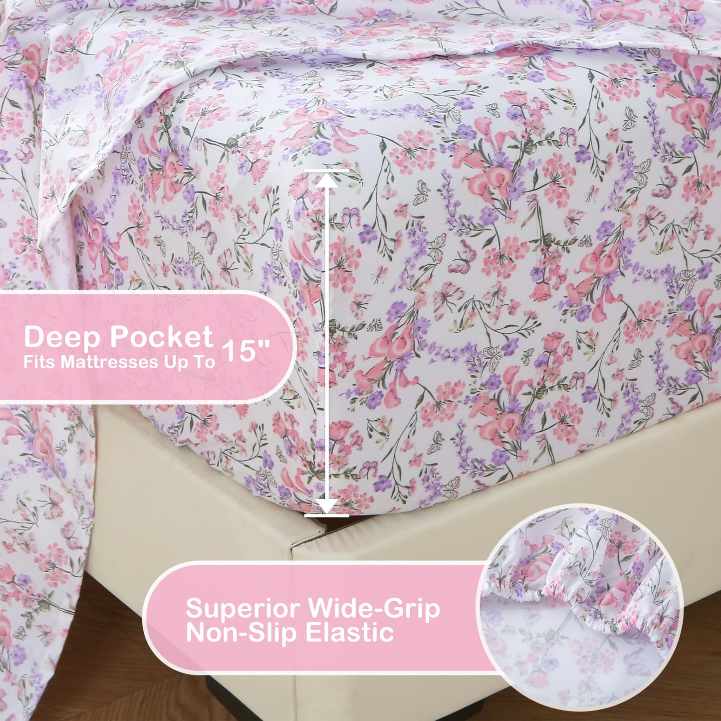 Mooreeke Cozy Vintage Microfiber Printed Queen Sheet Set - Soft Breathable Percale Cotton Floral Bed Sheets with Deep Pocket - Non-Slip Fitted Design - Pink Purple Flowers Pattern