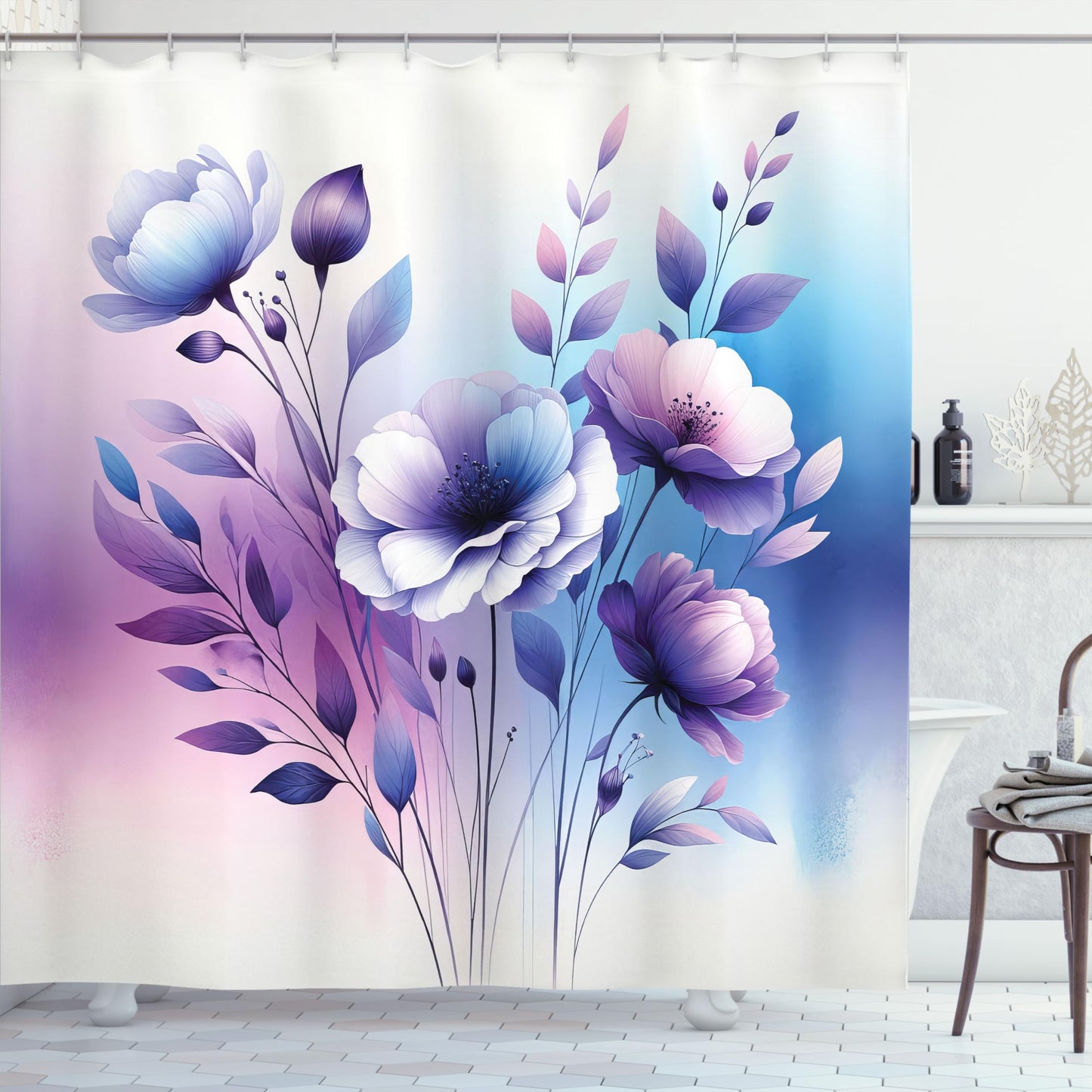 Ambesonne Purple Shower Curtain, Simple Spring Poppy Flowers with Tender Leaves in a Dreamy Color Palette, Cloth Fabric Bathroom Decor Set with Hooks, 69" W x 70" L, Sea Blue Lilac Indigo