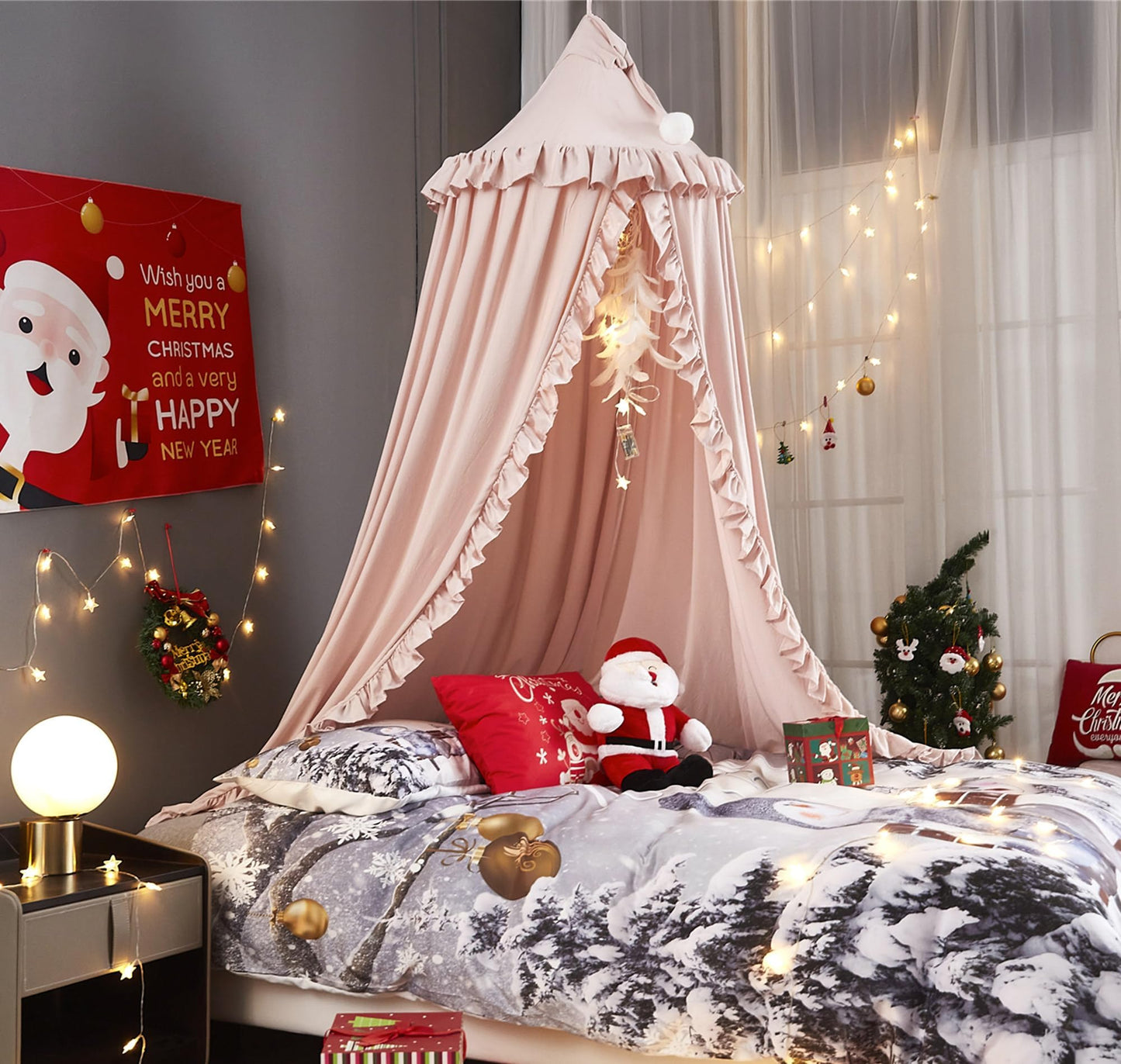 VETHIN Bed Canopy for Girls,Princess Round Dome Dreamy Mosquito Net Bedding Girls Room Castle Play Tent Hanging House Decor Reading Nook Canopies (Beige Pink)