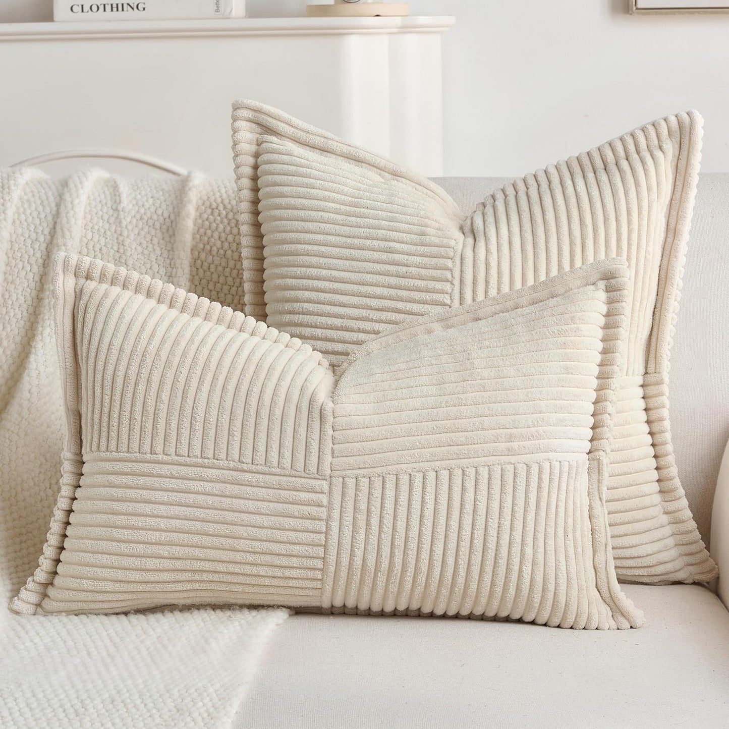 HAUSSY 2 Pack Pillow Covers 18x18 Inch, Corduroy Decorative Throw Pillows Soft Boho Striped Solid Couch Cushion Covers Home Decor Modern Pillow Cases for Living Room Sofa Bed, Beige (Covers Only)