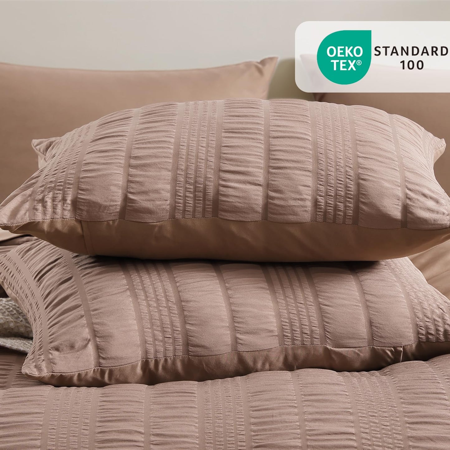 CASAAGUSTO Queen Comforter Set, 7 Pieces Brown Seersucker Bed in a Bag Queen Size Soft All Seasons, Bedding Sets with Comforter, Flat Sheet, Fitted Sheet, 2 Pillow Shams, 2 Pillowcases
