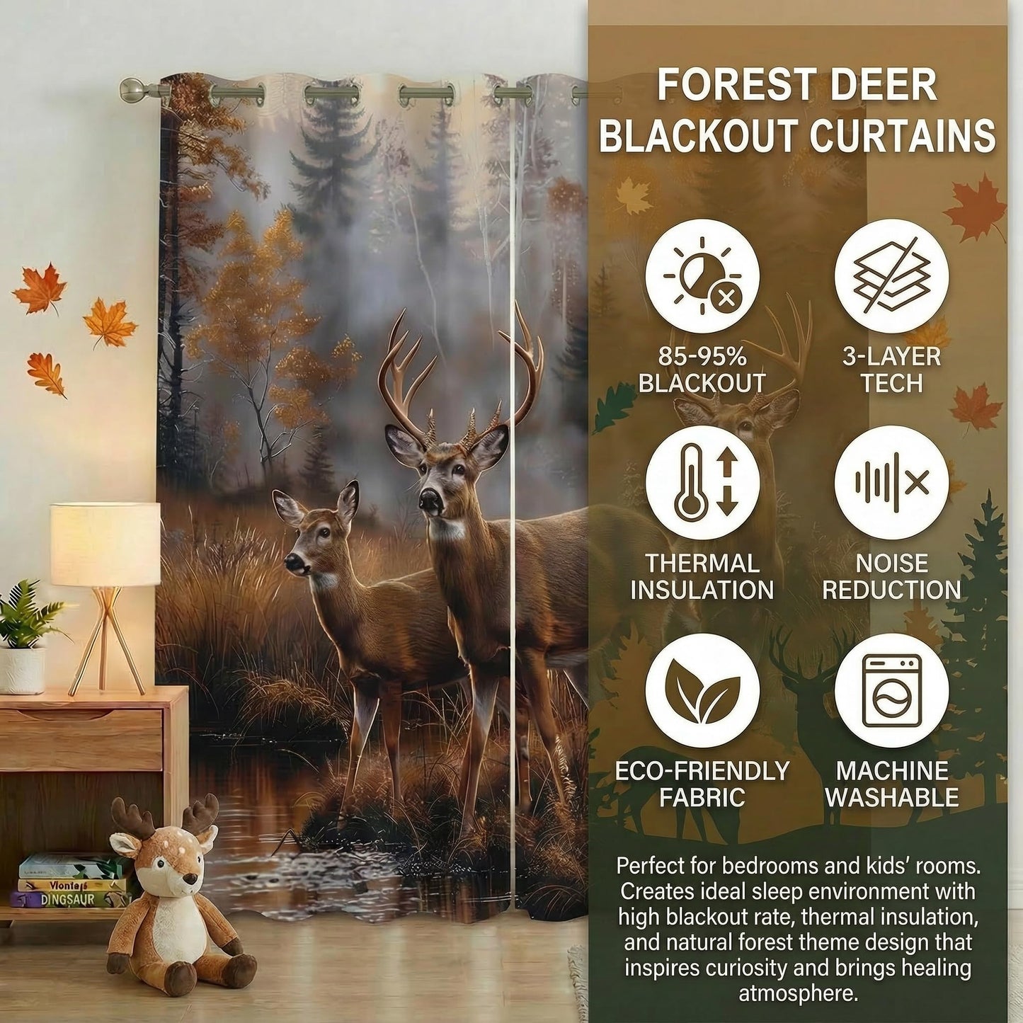 terxgrl Deer Blackout Curtains for Bedroom Living Room, Rustic Cabin Wildlife Whitetail Hunting Grommet Thermal Insulated Window Drapes, 42 x 45 Inch