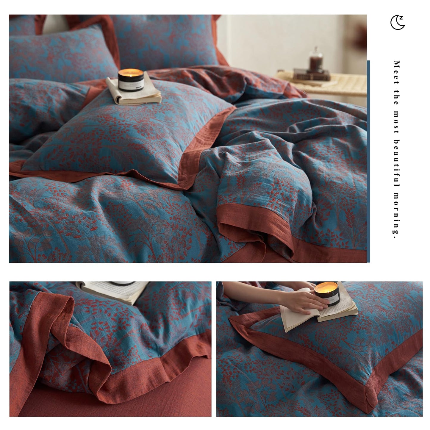 VM VOUGEMARKET Blue Red Duvet Cover Queen,3 Pieces Retro Jacquard Forest Theme Tree Leaves Bedding Set,Linen Cotton Yarn-Dyed Textured Duvet Cover with Zipper Closure