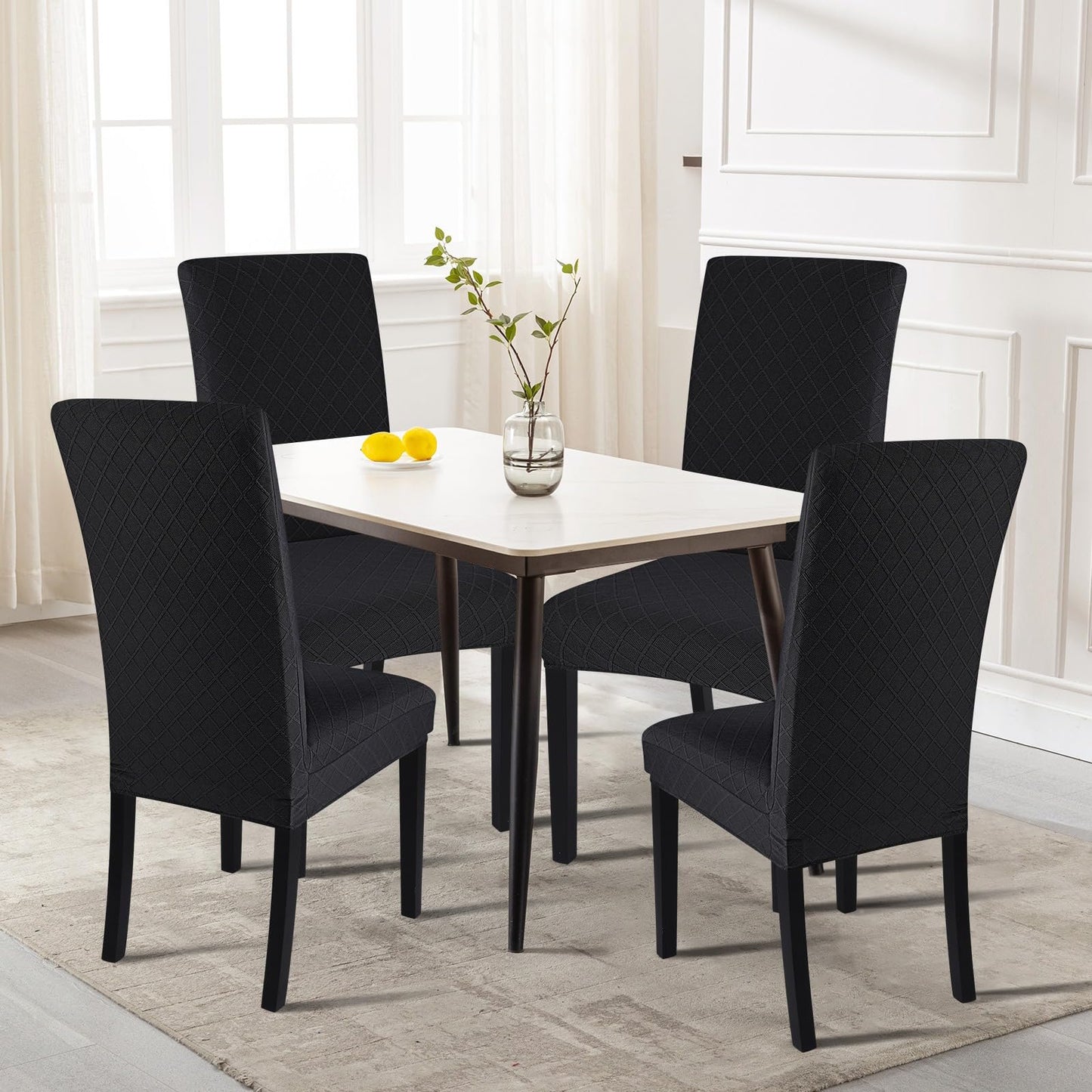 SearchI Dining Room Chair Covers Set of 4, Stretch Jacquard Parsons Chair Slipcovers Removable Washable Kitchen Chair Protector Cover for Dining Room, Hotel, Ceremony (Black Rhombus)