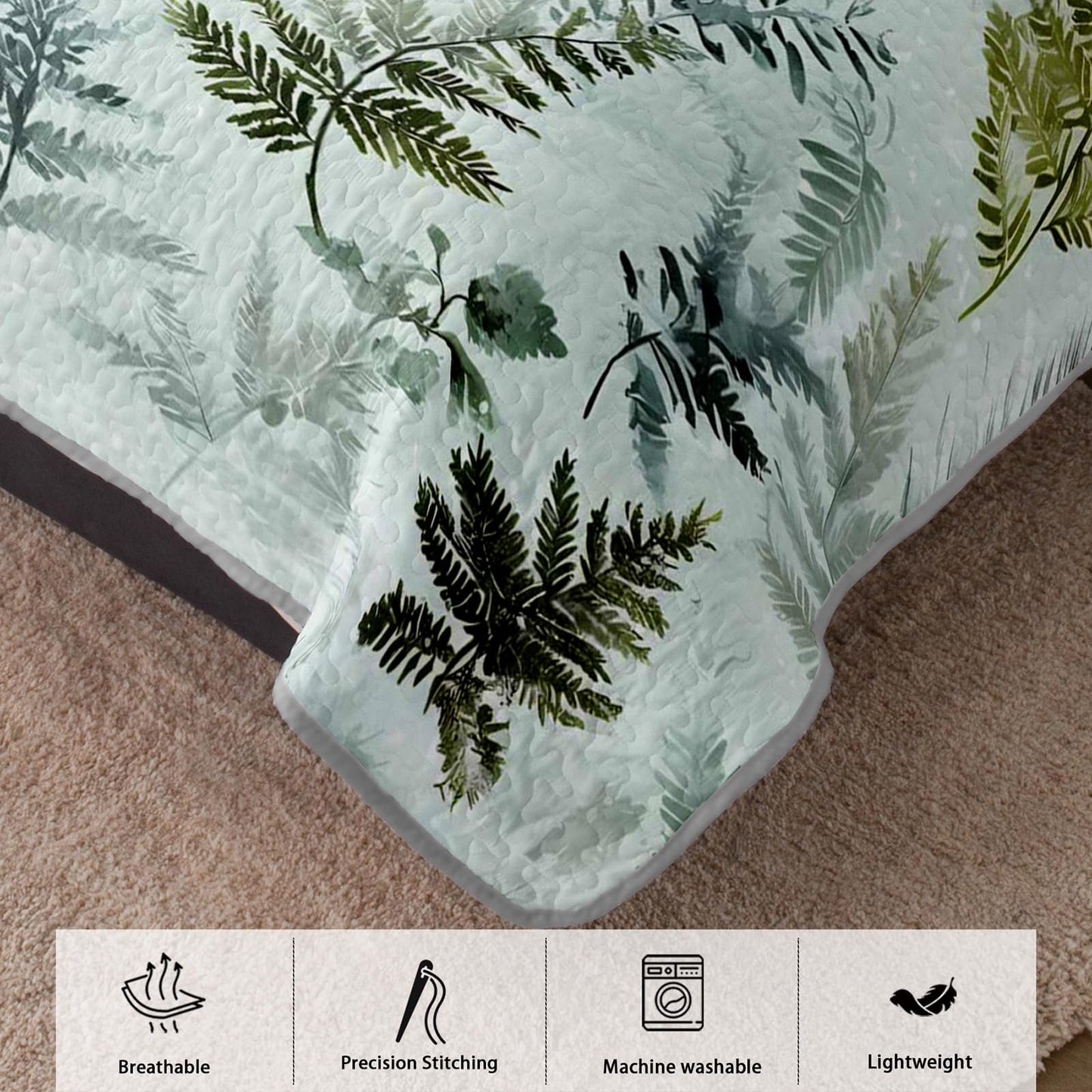 AILONEN King Size Green Leaves Print Quilted Comforter Set, 3-Piece Botanical Forest Bedspread Coverlet,Nature Quilted Bedding with 2 Pillowcases