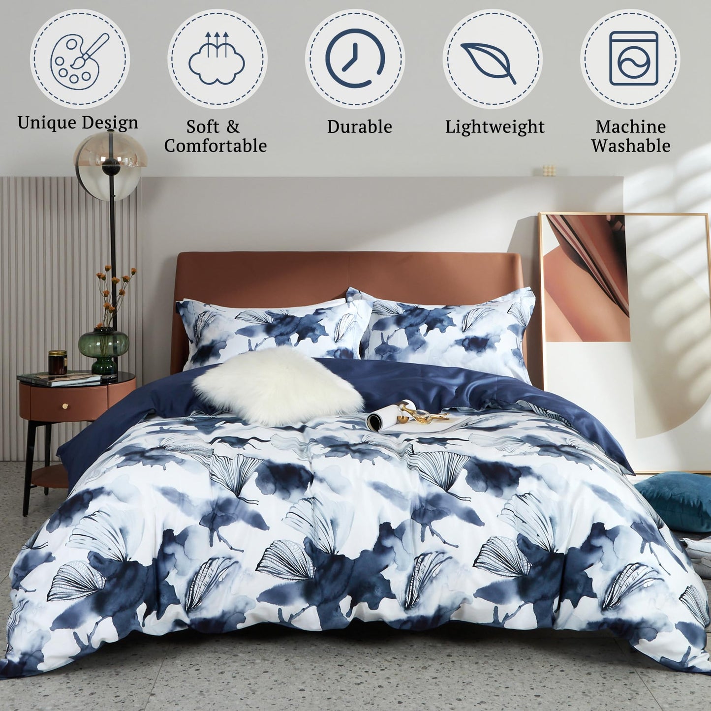MILDLY Cotton Queen Duvet Cover Pillow Shams 3 Pieces Set Designed Blue Spring Floral Pattern Printed Bedding Set with Zipper Closure and Corner Ties (No Comforter)