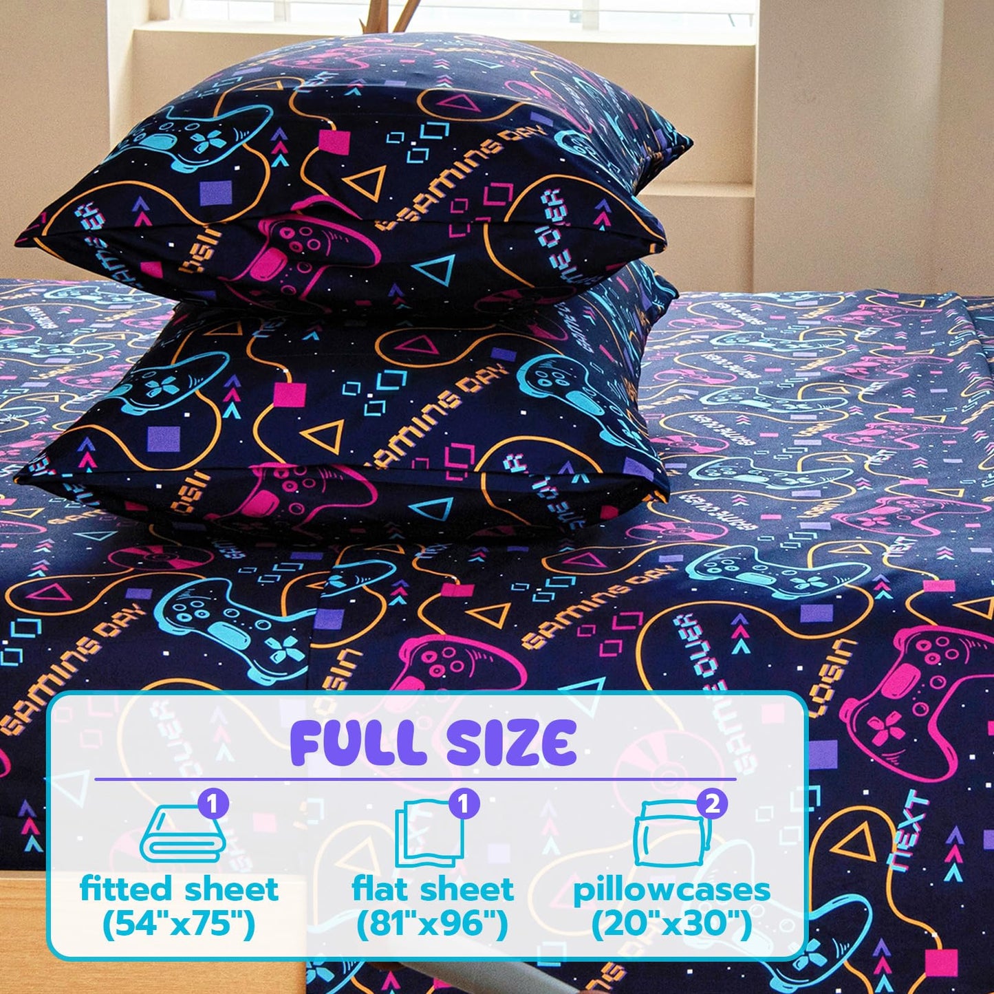 Homilay Full Sheet Set Kids - Gamepad 4 Pieces Soft Microfiber Cartoon Style Bedsheets for Boys Girls Teens, Oeko TEX Breathable 15 Inch Deep Pocket Sheets(Video Games)