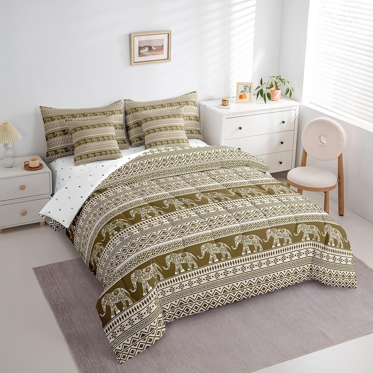 Feelyou Bohemian Elephant 7 Piece Bedding Set Full Size for Kids Boys Girls Teens Toddler Boho Exotic Style Comforter Set with Sheets Brown White Stripe Bed in a Bag Ethnic Elephant Print Bed Set