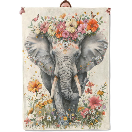 Mounidso Floral Elephant Blanket, Nature-Inspired Animal Theme Flannel Blanket Gifts for Women, Soft Warm Lightweight Elephant Blankets for Living Room Home Sofa Travel Decor 50" x 60"