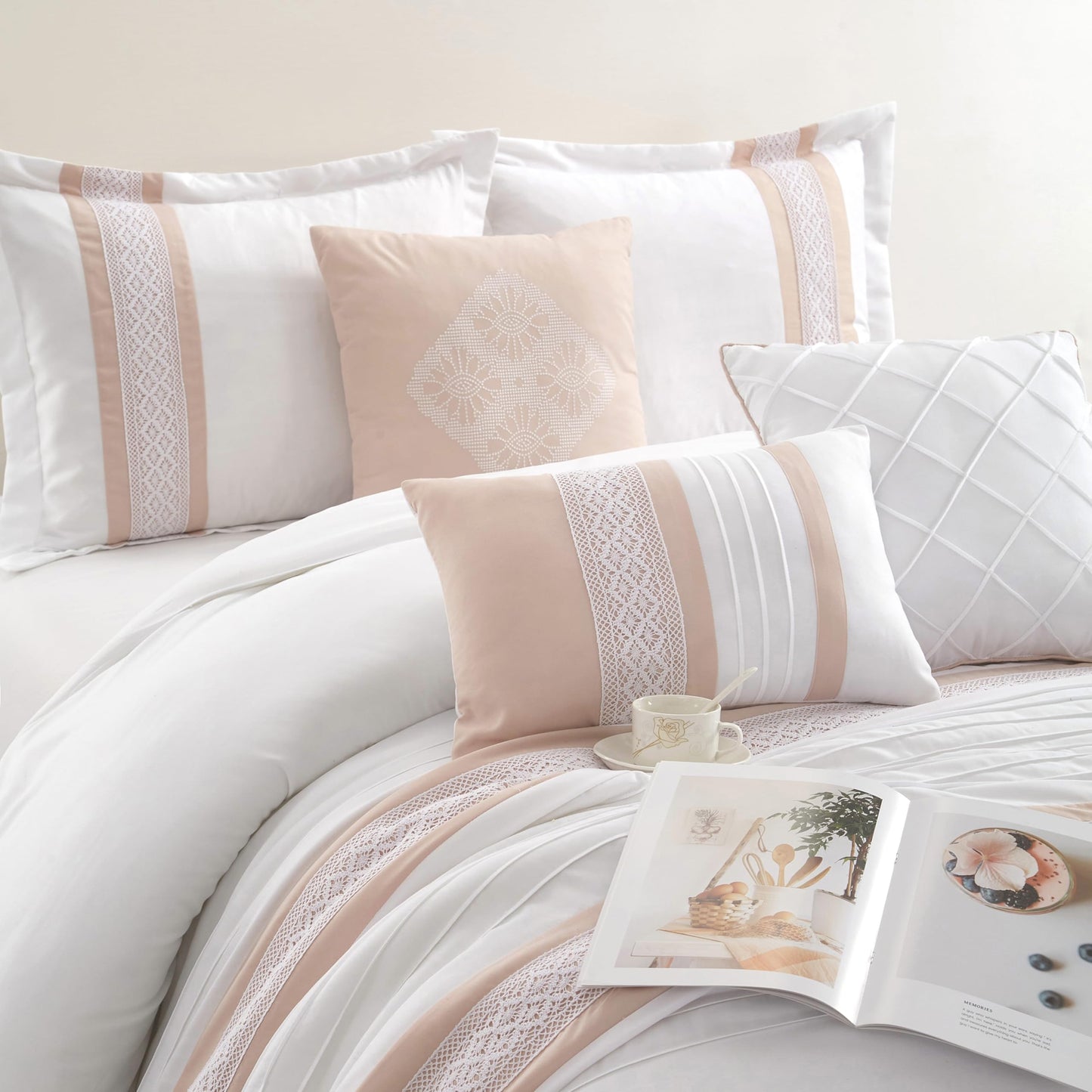 Stratford Park Striped 7 Piece Pink White Comforter Set, Queen Size Microfiber Bedding, All Season Bedding Set, Bed Skirt, Pillows & Shams