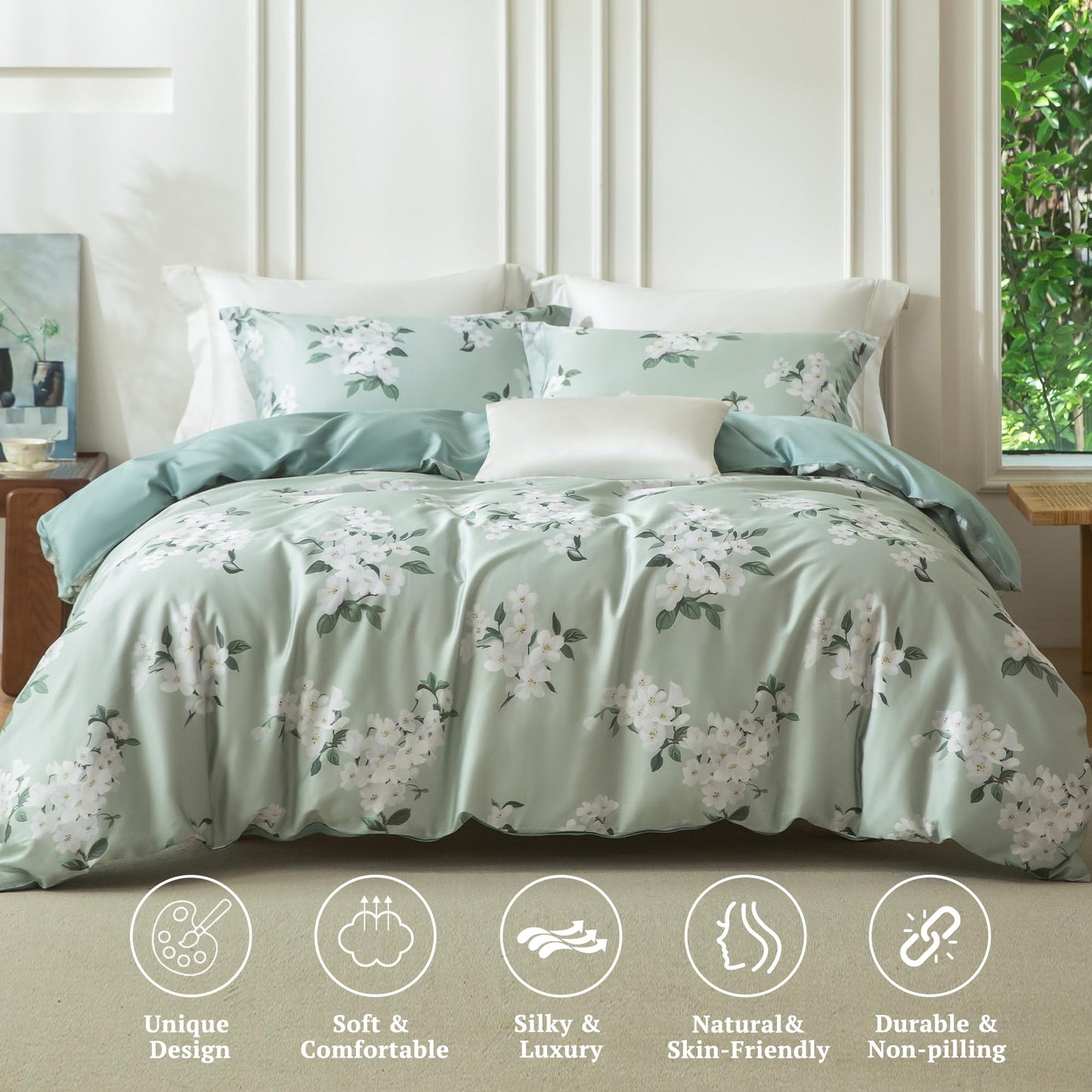 MILDLY Queen Size Duvet Cover Set 100% Long-Staple Cotton Luxury Sage Green Floral Patten Reversible Comforter Cover Set 3Pcs